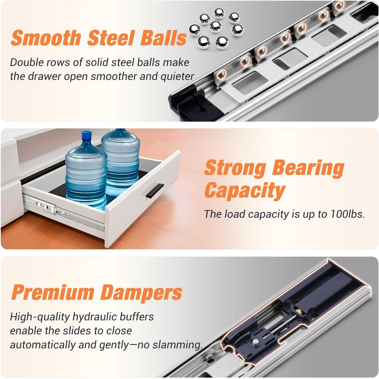 Soft Close Drawer Slides Ball Bearing 3 Folds Full Extension Side Mount Cabinet Runners Glides Rails Track 100 Lbs Load 10 12 14 16 18 20 22 24 Inch(Soft Close-10Prs,14inch)