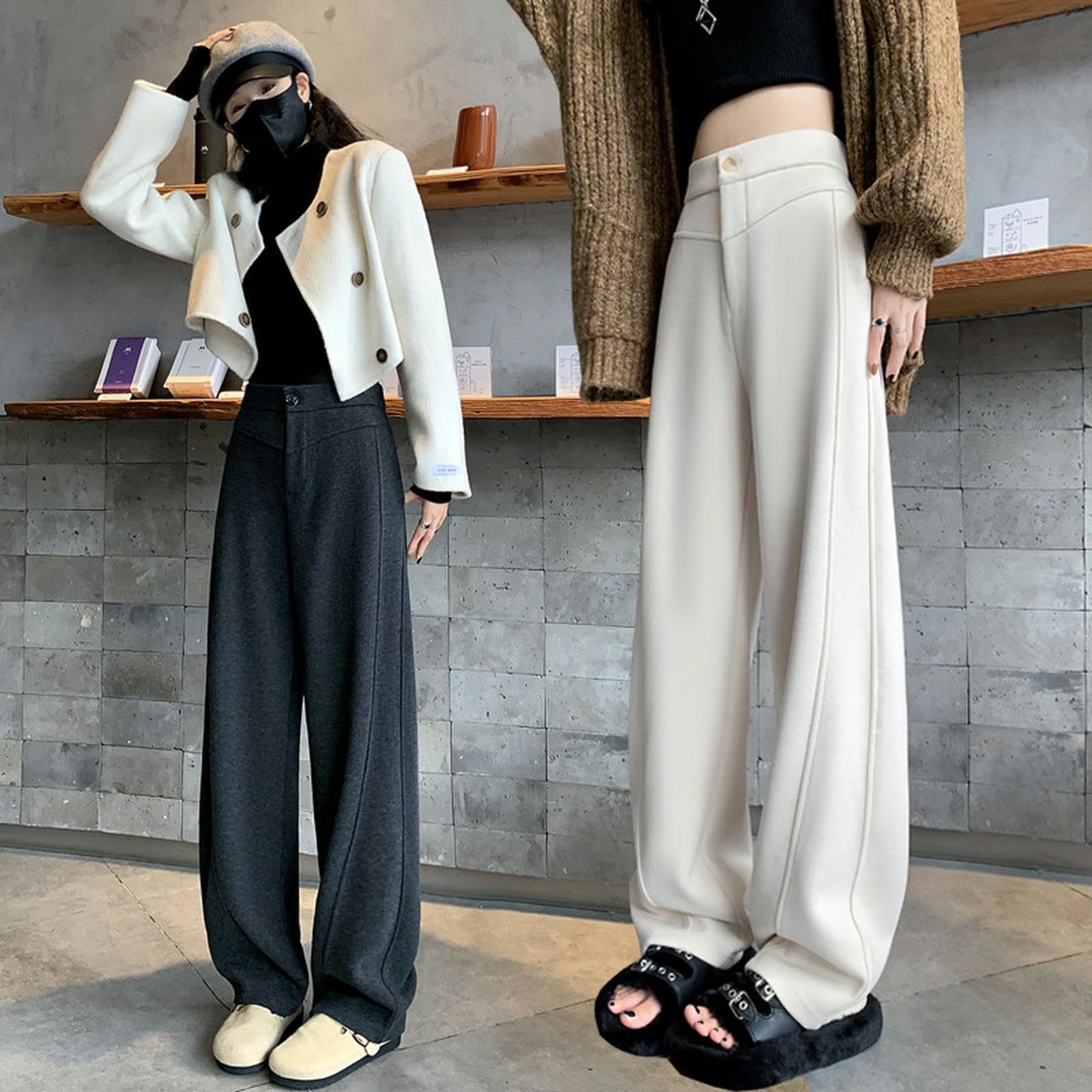 Pantalone Donna Pantaloni di Banana Peluche per Donne Autumn E Pantaloni Invernali A Gamba Larga Drapo in Alto-Rice White (più Velluto)-l