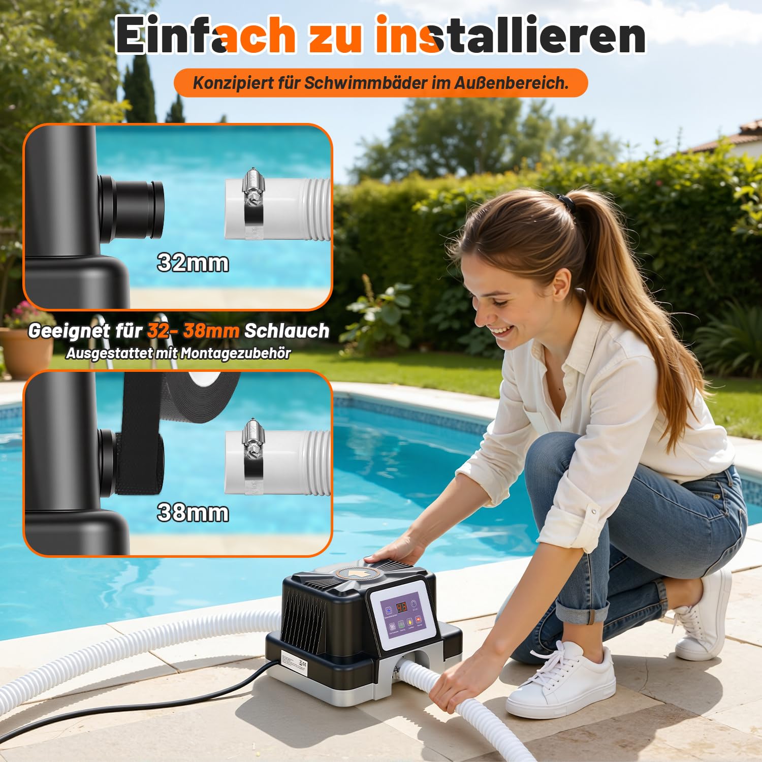 Poolheizung Elektrisch 3KW mit Digitalanzeige, FI-Schutz, Kippschutz, Schwer Entflammbarem Gehäuse, 32–38 mm Anschluss, Heizt bis 45 °C, inkl. Zubehör