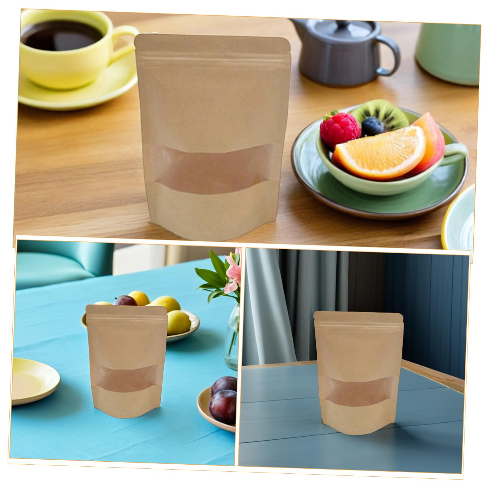 CALLARON 50pièces Sacs Emballage Alimentaire Papier Kraft avec Fenêtre et Fermeture Éclair pour Fruits Secs Noix Thé Séché Biscuits et Pâtisseries