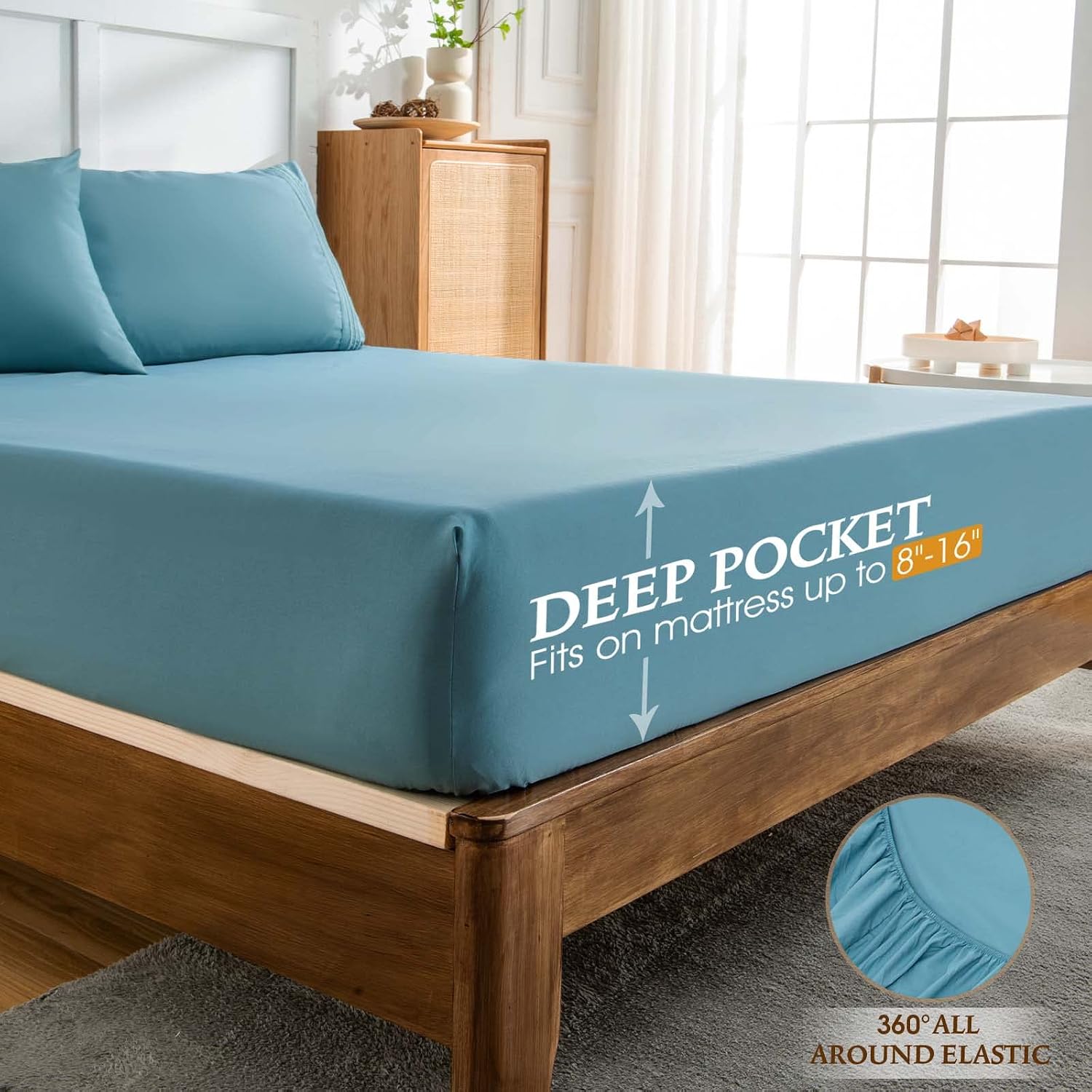 Queen Sheets Set, Ultra Soft Sheets for Queen Size Bed Deep Pockets, Bed Sheets Queen, Comfy Bedsheets Queen Sheet Set, Wrinkle Free 4Pcs - 1 Fitted Sheet, 1 Flat Sheet, 2 Pillowcases(Queen, Spa Blue)