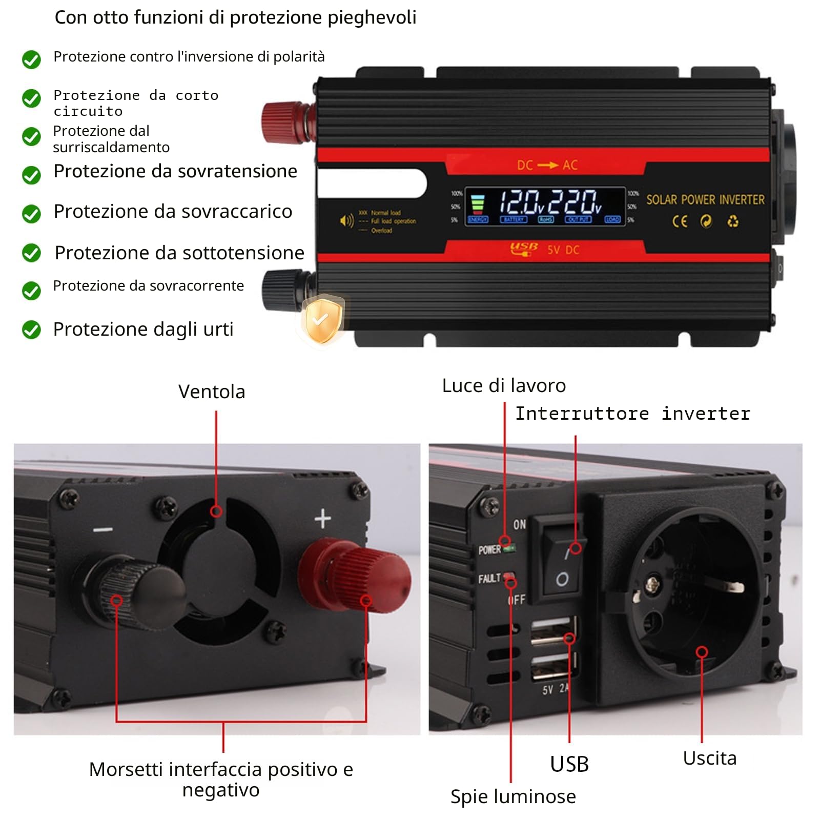 Invertitore di tensione DC 12 V/24 V su AC 230 V modificato Inverter 2000 W con prese europee, 2 USB e display LCD, convertitore di corrente per auto, camion, roulotte, campeggio