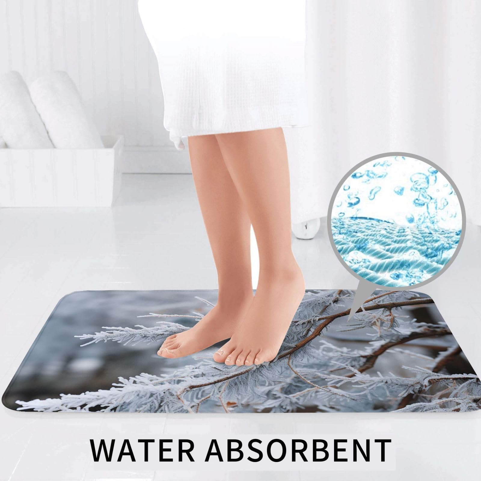 Set di 3 tappetini da bagno con motivo ramo coperto di neve, in flanella, morbido, antiscivolo, con coperchio, per decorare la casa