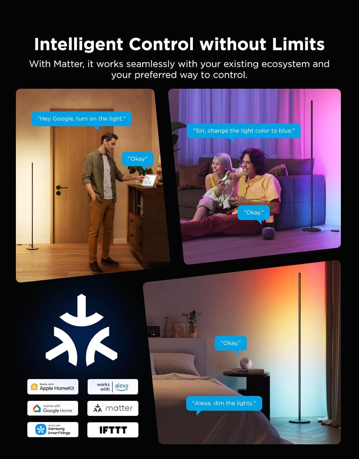 Govee RGBIC Floor Lamp Basic, 1000lm LED Corner Lamp Compatible with SmartThings, Alexa, and Matter, Modern Floor Lamp with Music Sync and 16 Million DIY Colors, Standing Lamp for Bedroom Living Room