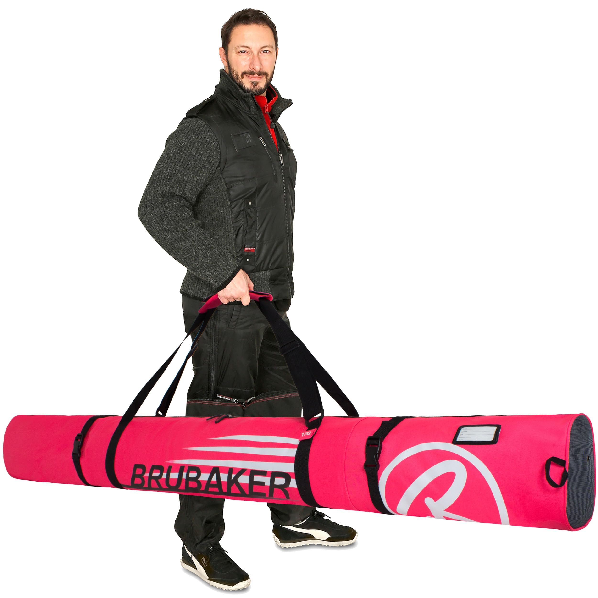 BRUBAKER Set de Ski ‘Champion’ - Série limitée - Housse à Skis et Sac à Chaussures de Ski pour 1 Paire de Skis + Bâtons + Chaussures + Casque - 170 cm - Fuchsia Fluo Blanc