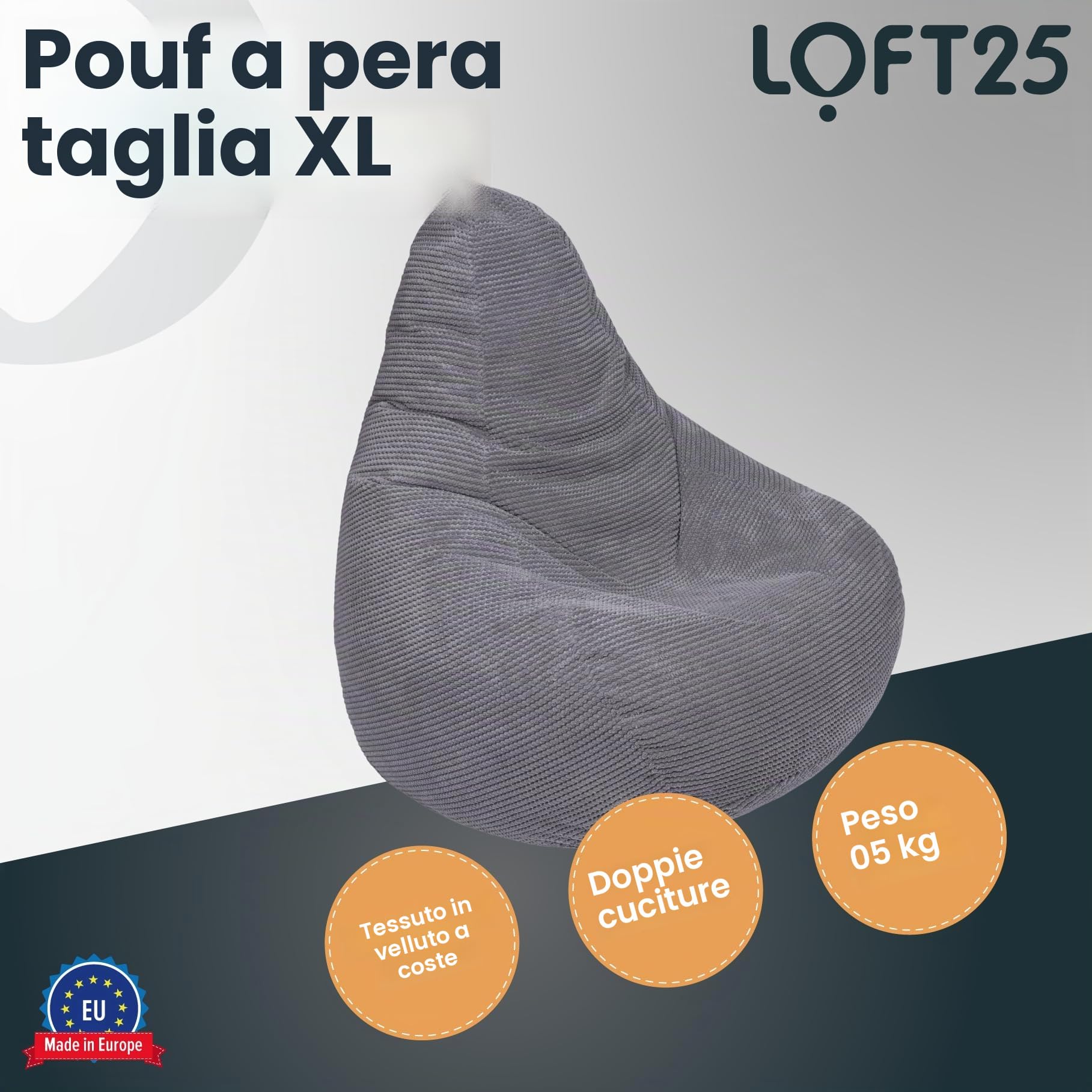 Loft 25 Poltrona a sacco per adulti, con schienale alto, in tessuto di velluto a coste, per interni, soggiorno, gioco, fodera interna, design ergonomico per il supporto del corpo (pouf, carbone)