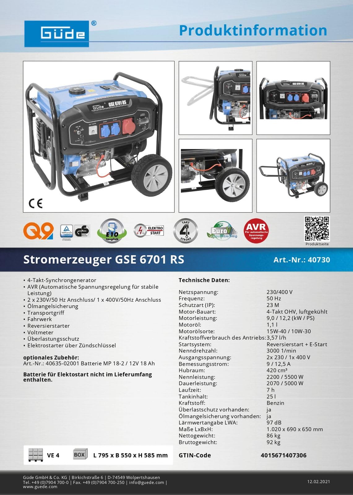 GÜDE GSE 6701 RS - Generatore 5400W con maniglia e ruote per il trasporto