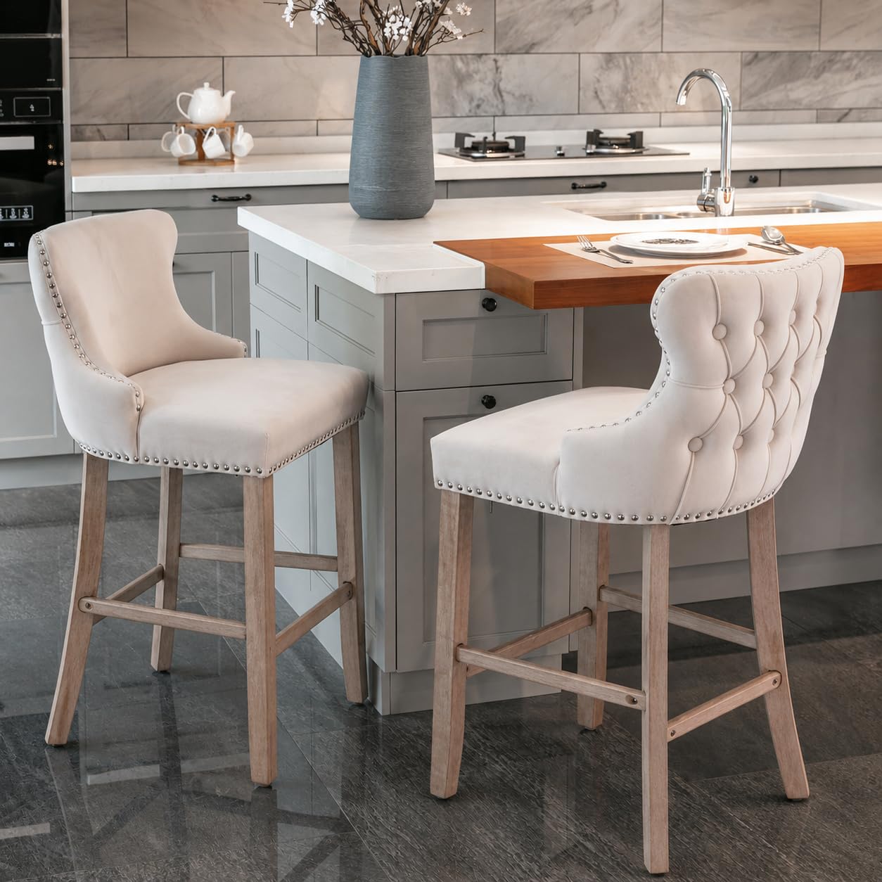 HomeTouch Barstools Set of 2 Modern Velvet Upholstered Bar Stools with Backrest and Wooden Legs for Home and Kitchen Island and Bar Restaurant (2, Beige)