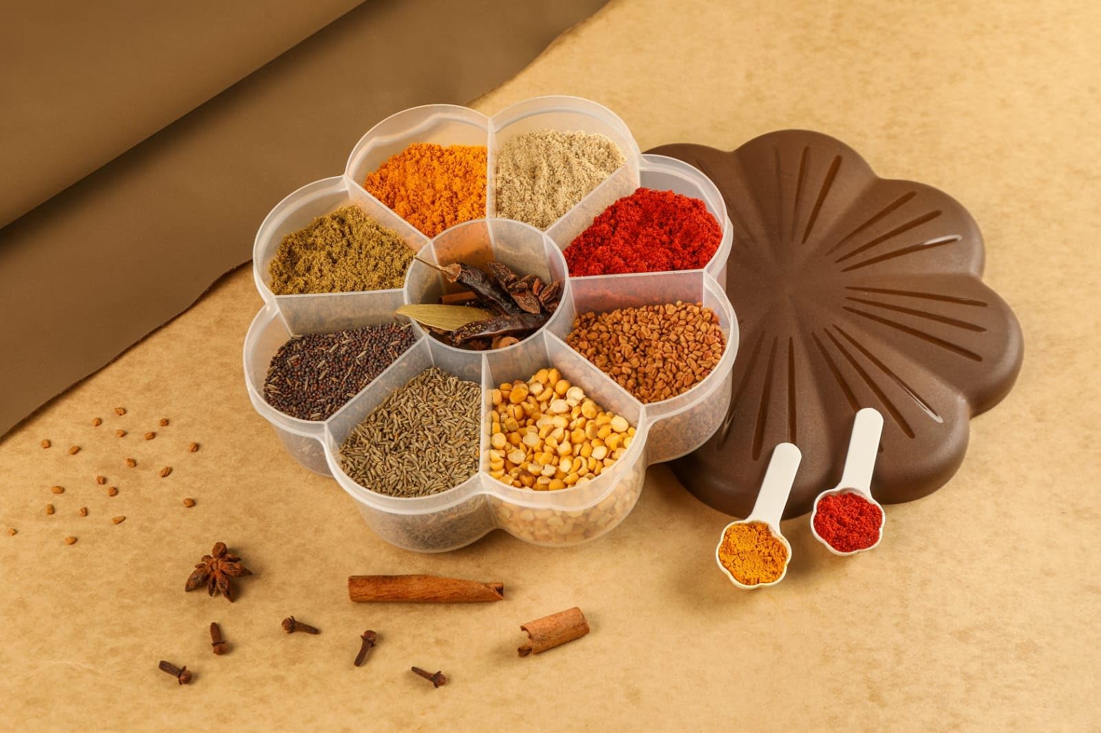 Xmart India 9 Compartment Airtight Masala Dabba with 2 Spoons, Transparent Spice Box for Kitchen, Plastic Masala Box for Indian Spices, Herbs, Seasonings & Dry Fruits (2000ml) (Brown)-image-16