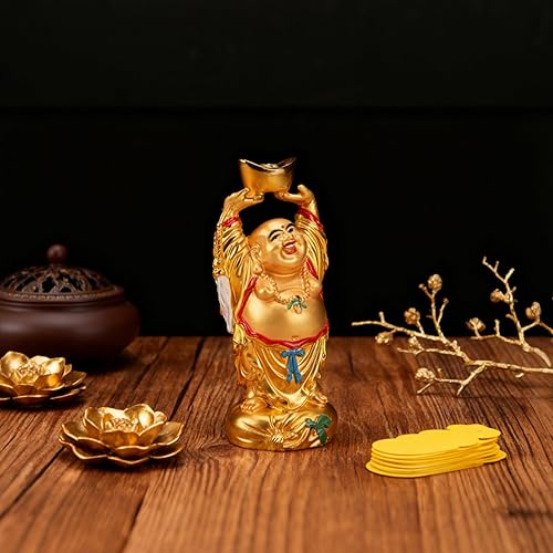 Miniatura 5 de BRABUD Resina Feng Shui Golden Laughing Buddha sosteniendo lingote estatua riqueza suerte decoración de oficina en casa regalo coleccionable 4.7 ''