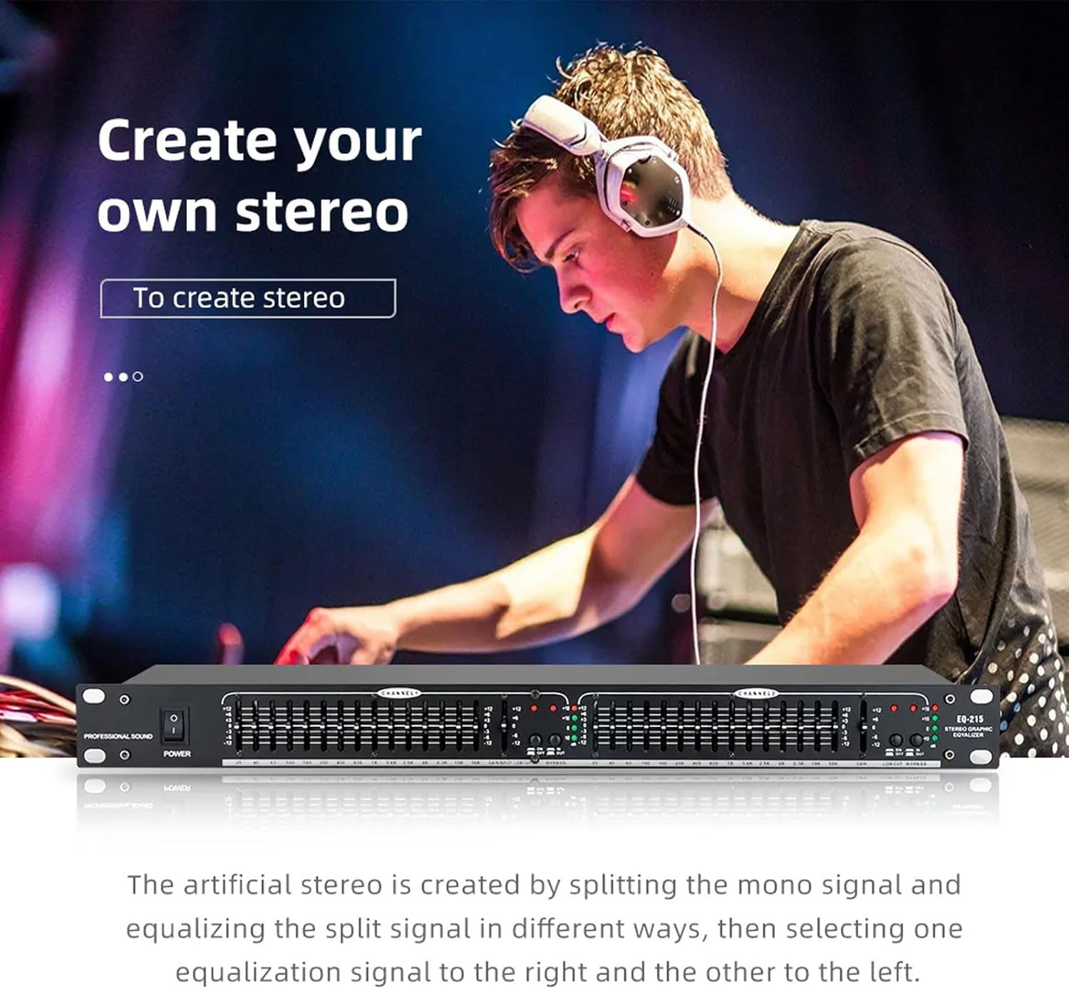 Professional EQ Equalizer, 15-Band Dual Channel Audio Equalizer, High/Middle/Bass Independent Adjustment, 1U Rack Mount Stereo Graphic Eq for Home, Studio