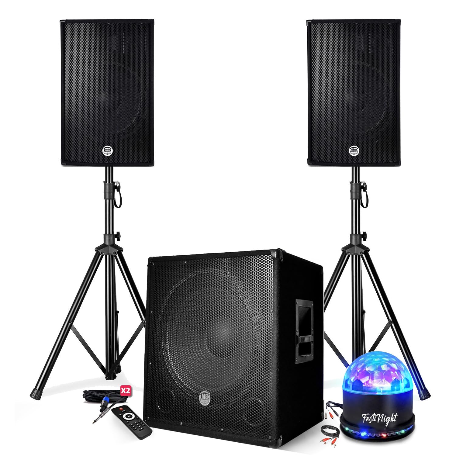 Pack sonorisation DJ PRESTATIONS BM Bmsonic 2500W - Enceintes DJ 15" + Caisson 15" + Pieds - USB/Bluetooth, Pack Jeux de lumières