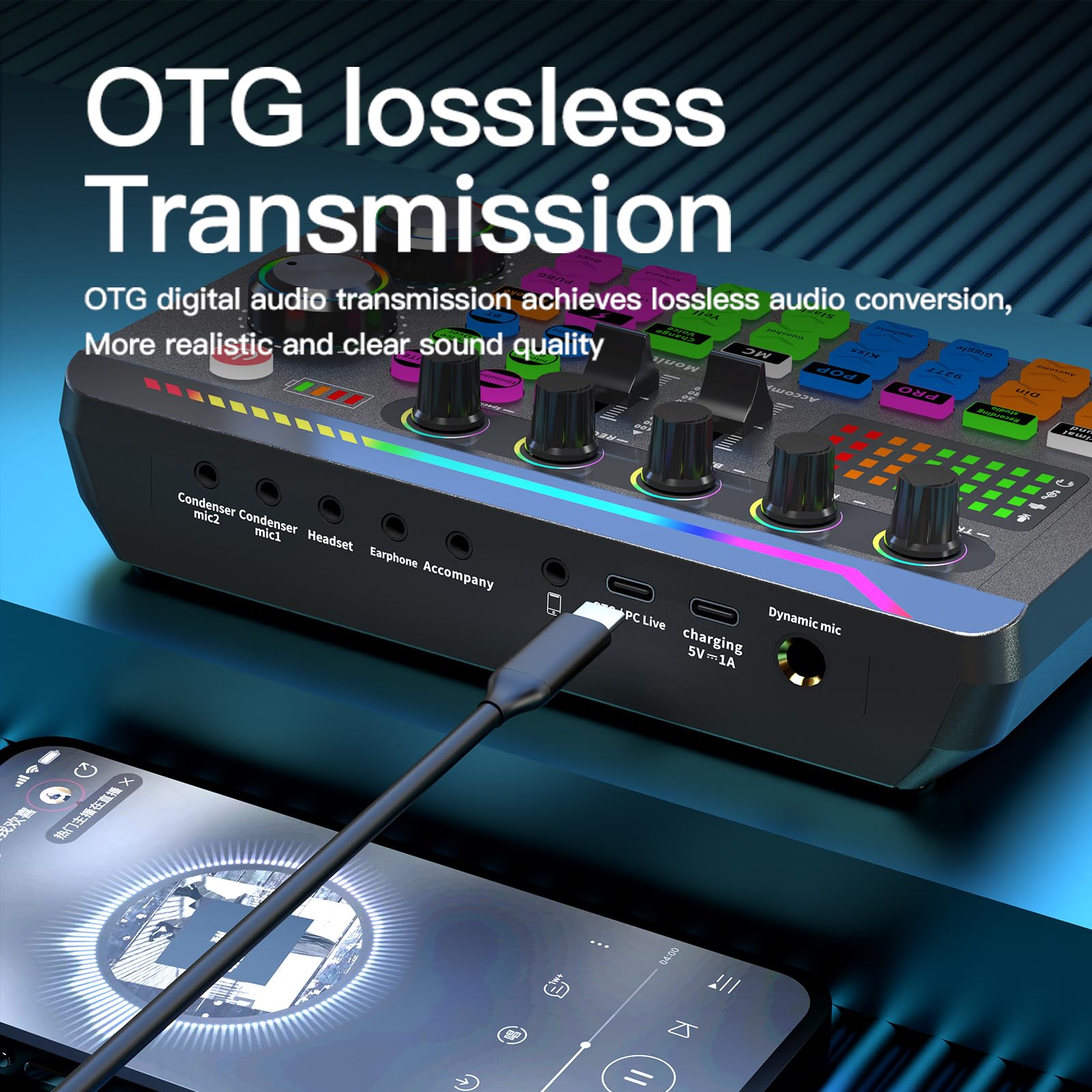 Carte son en direct, table de mixage audio avec 16 effets, mixeur DJ Bluetooth, table de mixage pour enregistrement, baladodiffusion, jeux et streaming