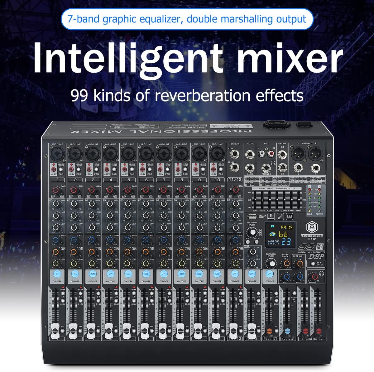 W IN-MIX DX12 Professional DJ Audio Mixer 12 Channel with 99 DSP Effects,7-band EQ,Independent 48V Phantom Power&Mute Button,Bluetooth Function,USB Interface Recording For Studio & Stage - Image 2