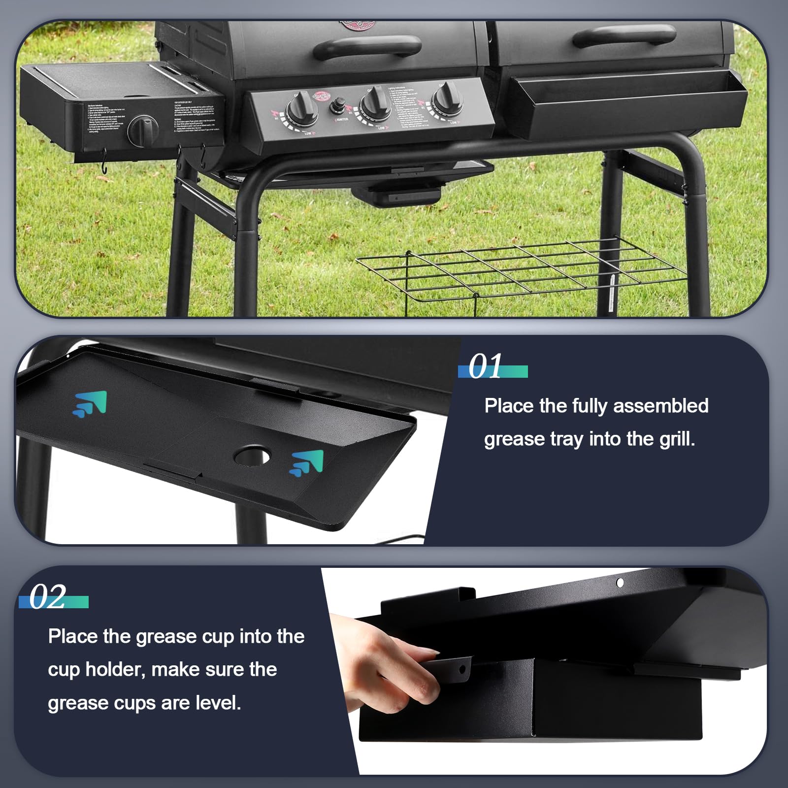Hiorucet Bandeja de grasa para parrilla de carbón 5050, 5650, 5072, Texas Trio, 3070, piezas de repuesto, acero esmaltado de porcelana 200163 con bandeja de captura para accesorios Chargriller.