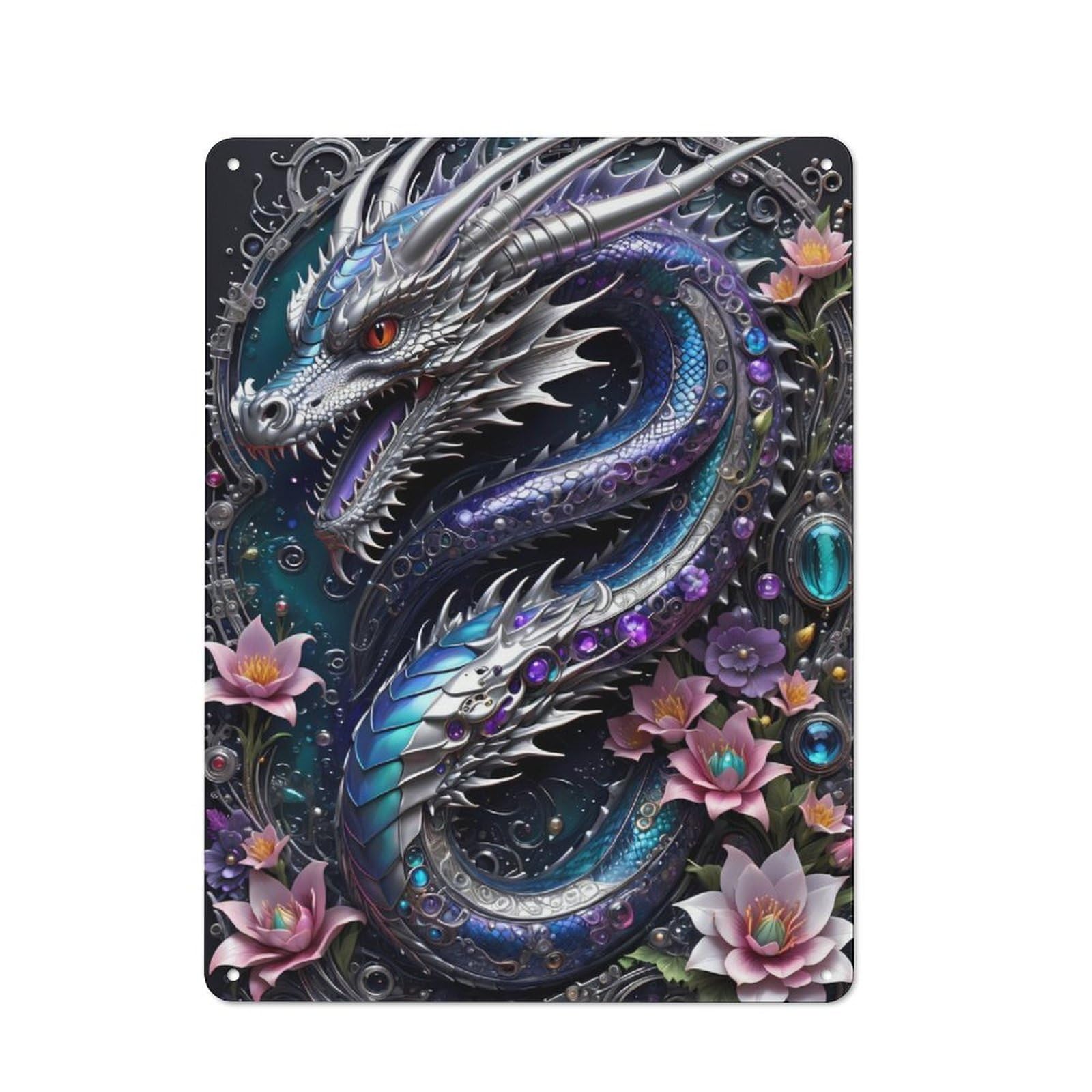 Decorative Metal Plaque with Galactic Dragon Chronicles Design 40x30cm, Modern Retro Studio Wall Art for Workspace, Cafe, Hallway Or Garage