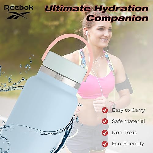 Miniatura 2 de Reebok Botella de agua de boca ancha de acero inoxidable con tapa flexible para exteriores, 32 onzas, botella de agua deportiva aislada al vacío