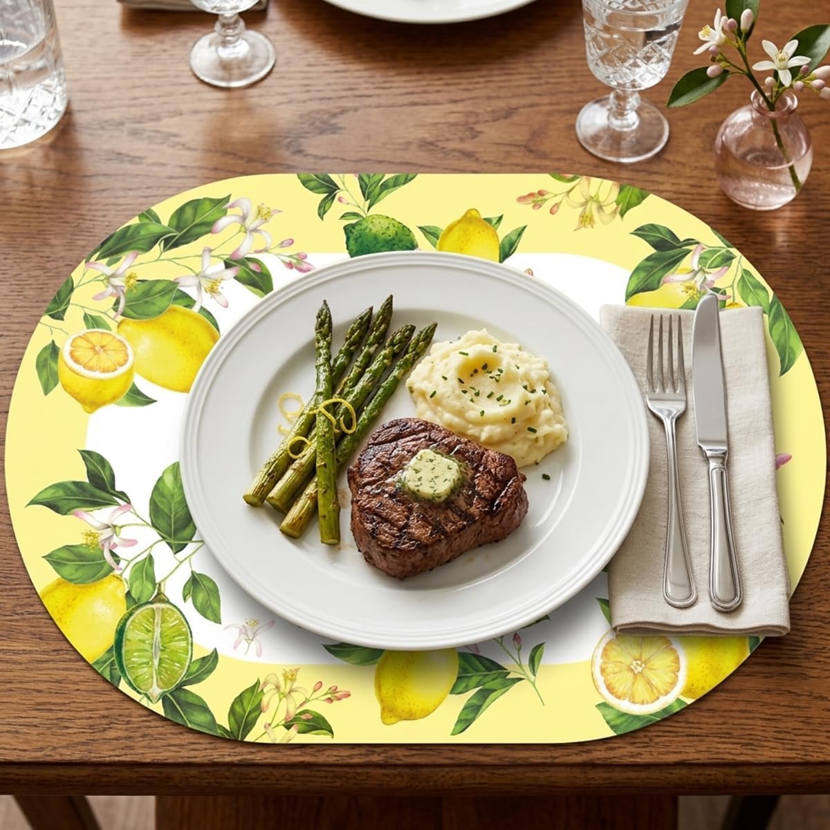 Spring Lemon Oval wipeable Placemats Set of 4, Faux Leather Lemon mat,Heat Resistant, Non-Slip, Stain Resistant, Waterproof, Oil Resistant, Washable, for Festive Party Table Decorations
