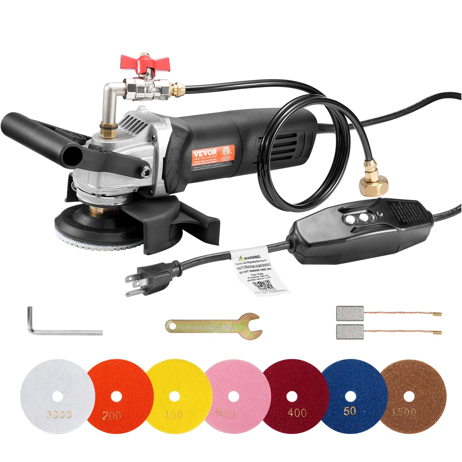 VEVOR Lucidatrice a Umido 800 W, Lucidatrice per Calcestruzzo da 100 mm 6 Velocità Regolabile 7 Tamponi per Lucidatura 1000-4000 giri/min, Interruttore GFCI, per Marmo, Pietra, Roccia, Piastrelle