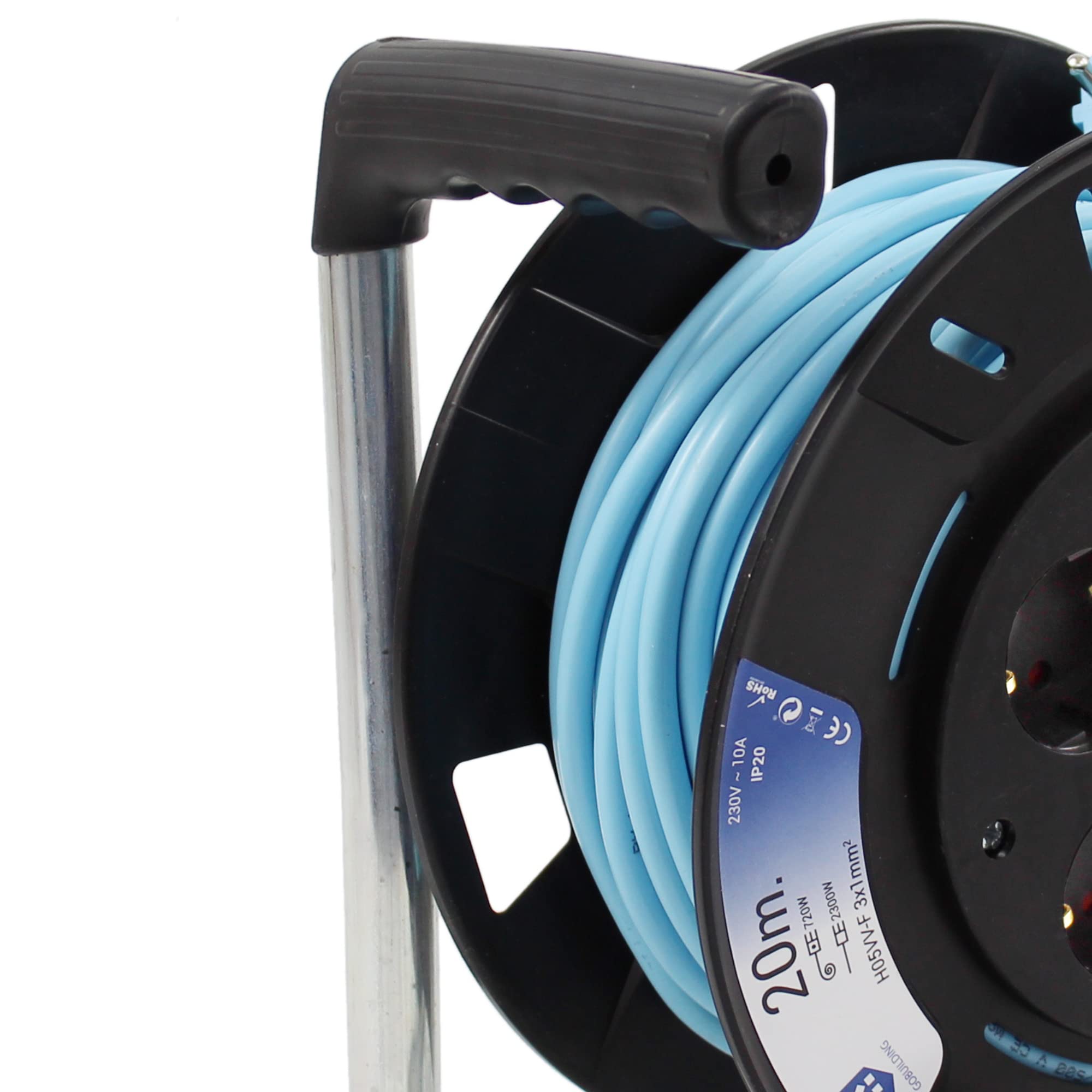 Alargador Enchufe 20 Metros - Alargadera Enrollable 20 Metros, Extensible Eléctrico IP20, Regleta Enrollable 4 Enchufes, 2300W, 230V, Cable 1mm, Enchufe Schuko Tipo F, 24x15x26 cm