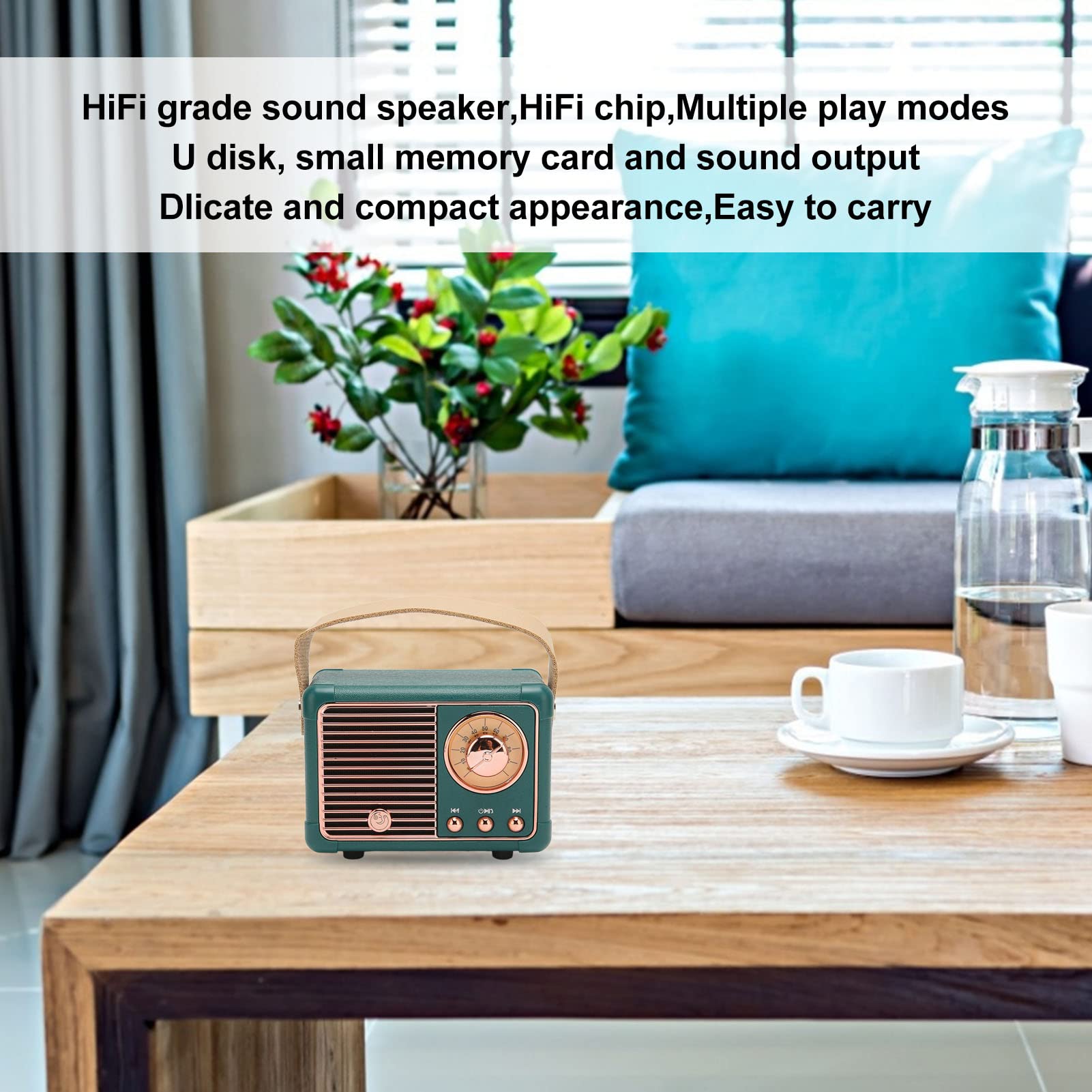 ASHATA Portable Vintage Speaker with HiFi Stereo, 5.0 Fast Transmission, Low Power Consumption, 360 Degree Surround Sound for Home Outdoor (Green)