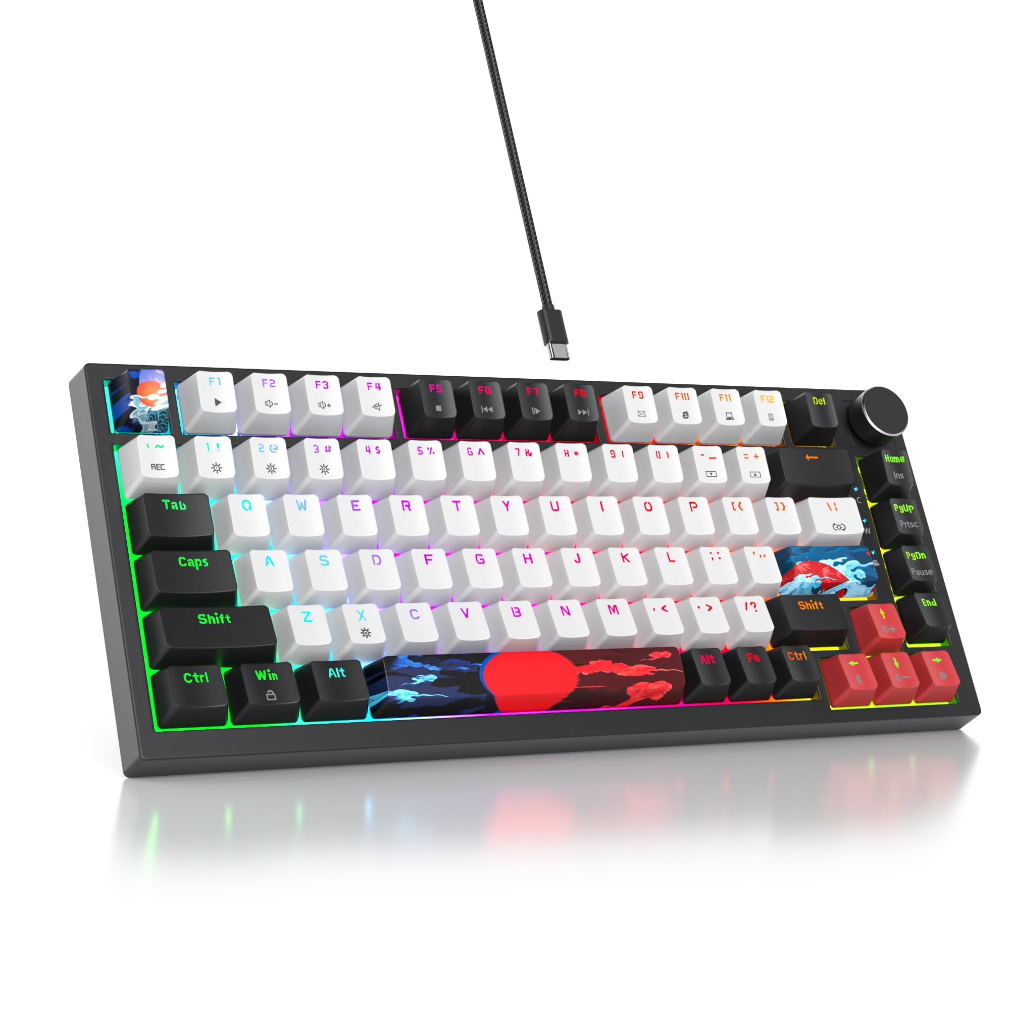 Solidee - Teclado mecánico con cable 75% intercambiable a caliente,Teclado retroiluminado RGB con interruptor rojo,TKL 82 teclas,Teclado compacto NKRO con botón de control de volumen (82 Black_White) - 4