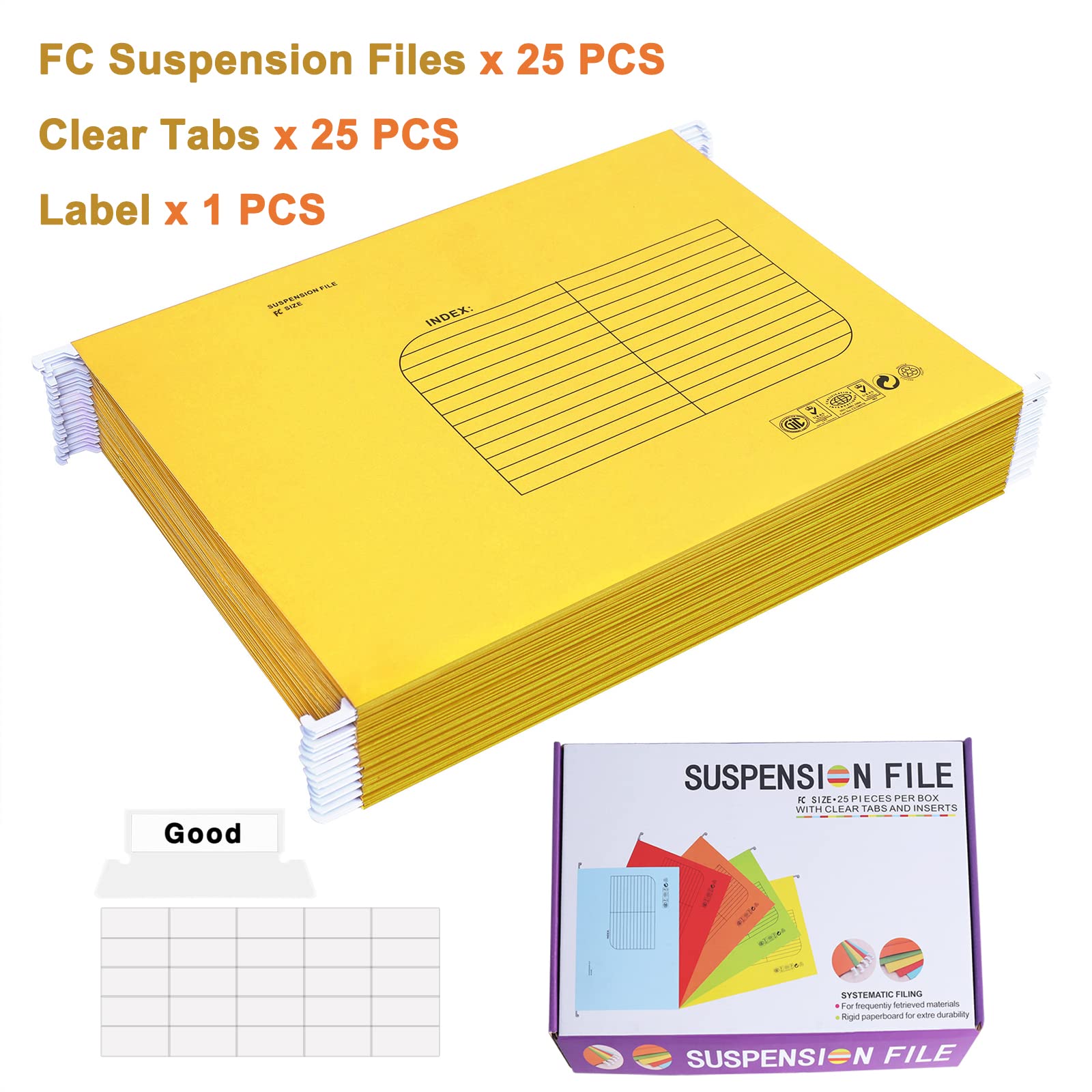 Paquete de 25 Carpetas Colgantes Foolscap, Archivadores Colgante con Pestañas e Inserciones de Tarjetas,para Escuela Hogar, Oficina(Amarillo)