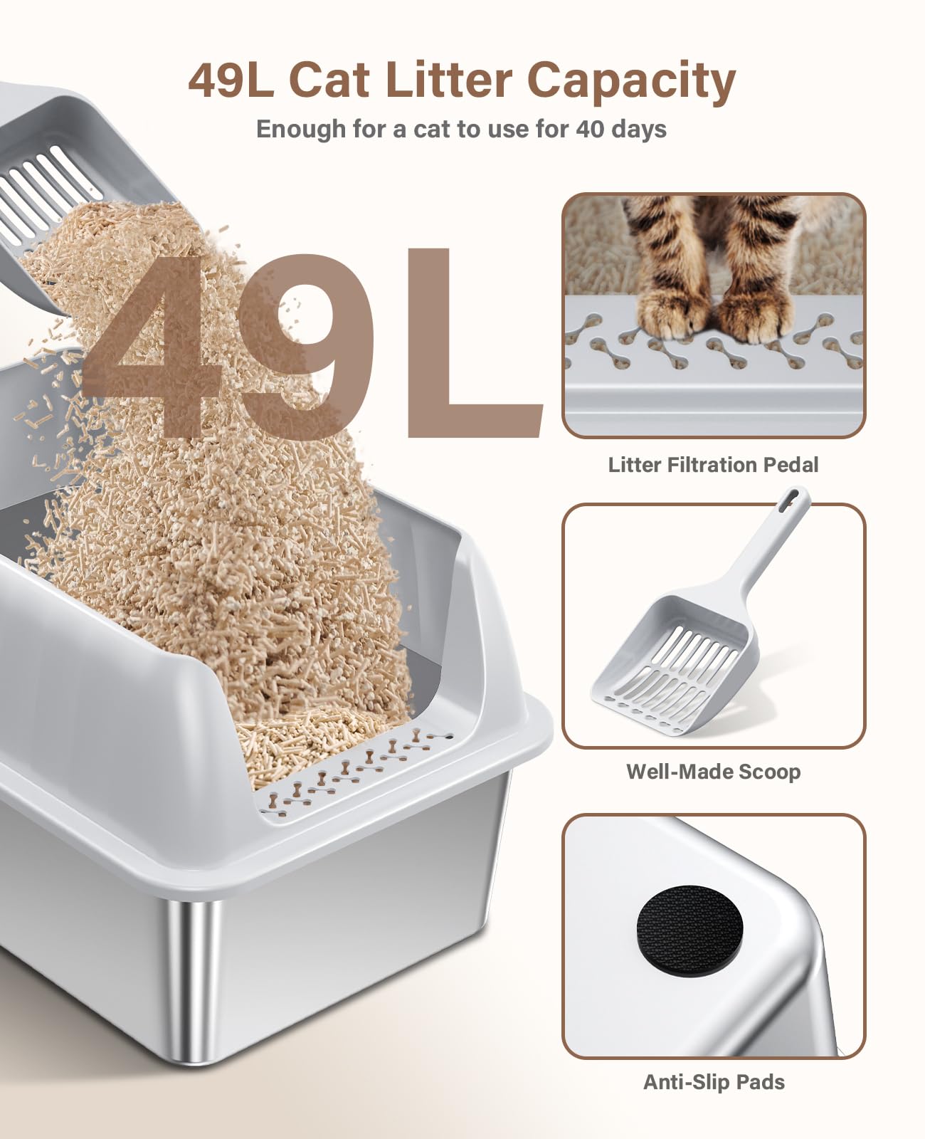 Stainless Steel Cat Litter Box XL with Lid, Enclosed Metal Extra Large Litter Box Pan High Sided with Scoop for Big Cats, Non-Sticky, Anti-Urine Leakage, Easy Cleaning - image 4