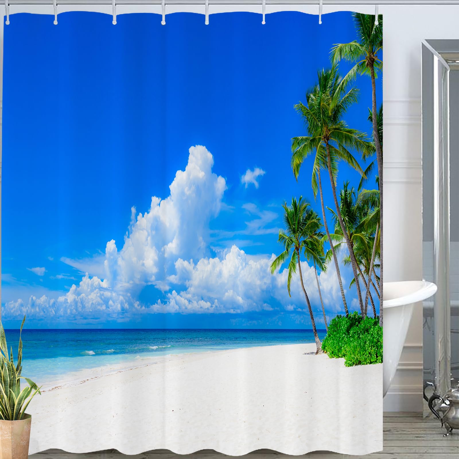 JOOCAR Nature Shower Curtain, Palm Tree Decor Ocean Coastal Summer Beach Seaside Scene Palm Trees Island Blue, Waterproof Cloth Fabric Bathroom Decor Set with Hooks, 180x200 cm