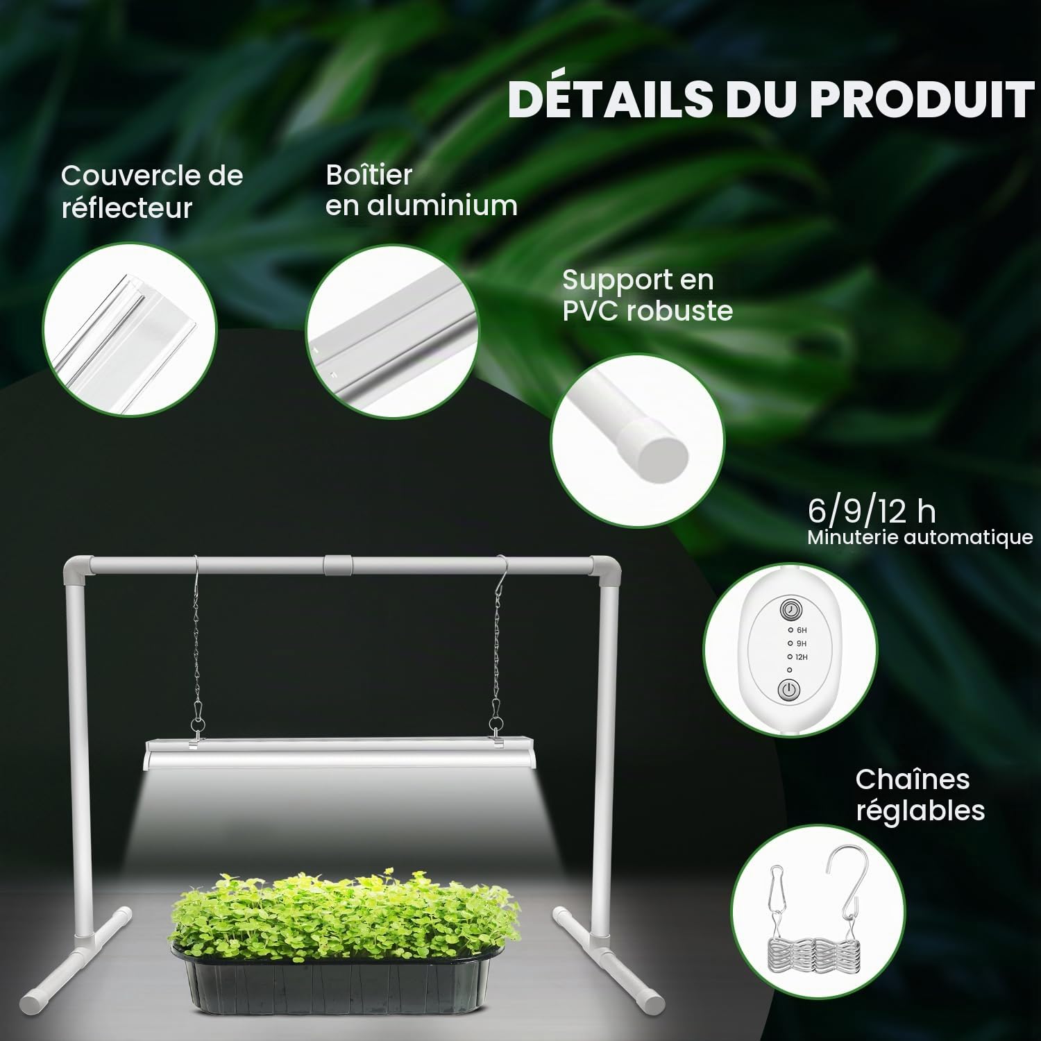 Wolezek Lampe pour Plantes LED à Spectre Complet avec Minuteur 6/9/12H, 144 LED, Lampe de Croissance T5 de 60 cm, Lampe Blanche pour Plantes, Ensemble de Lampe pour Démarrage de Semences pour Plantes