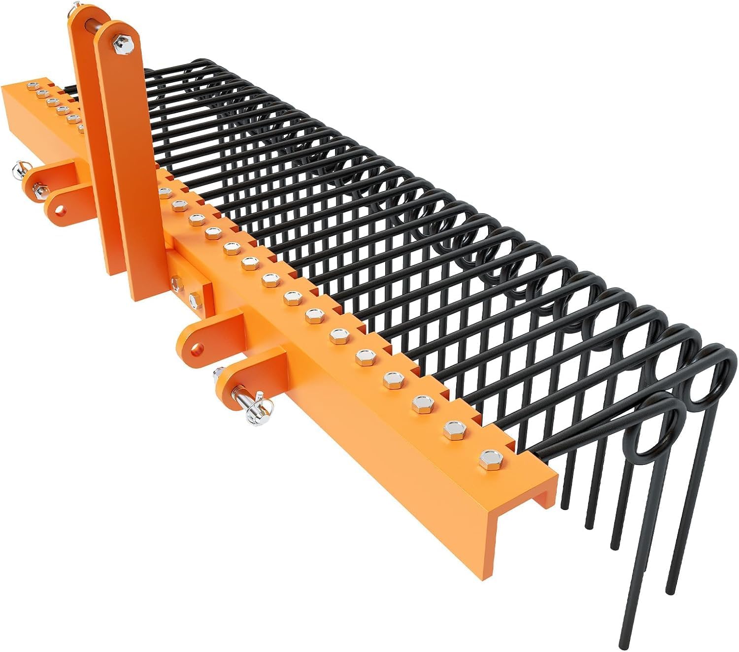 Rastrello trainabile per paglia di pino 152 cm – 26 denti a molla in acciaio resistente verniciato a polvere – Attacco a 3 punti per trattori Cat0/Cat1 – Perfetto per foglie ed erba – Giallo
