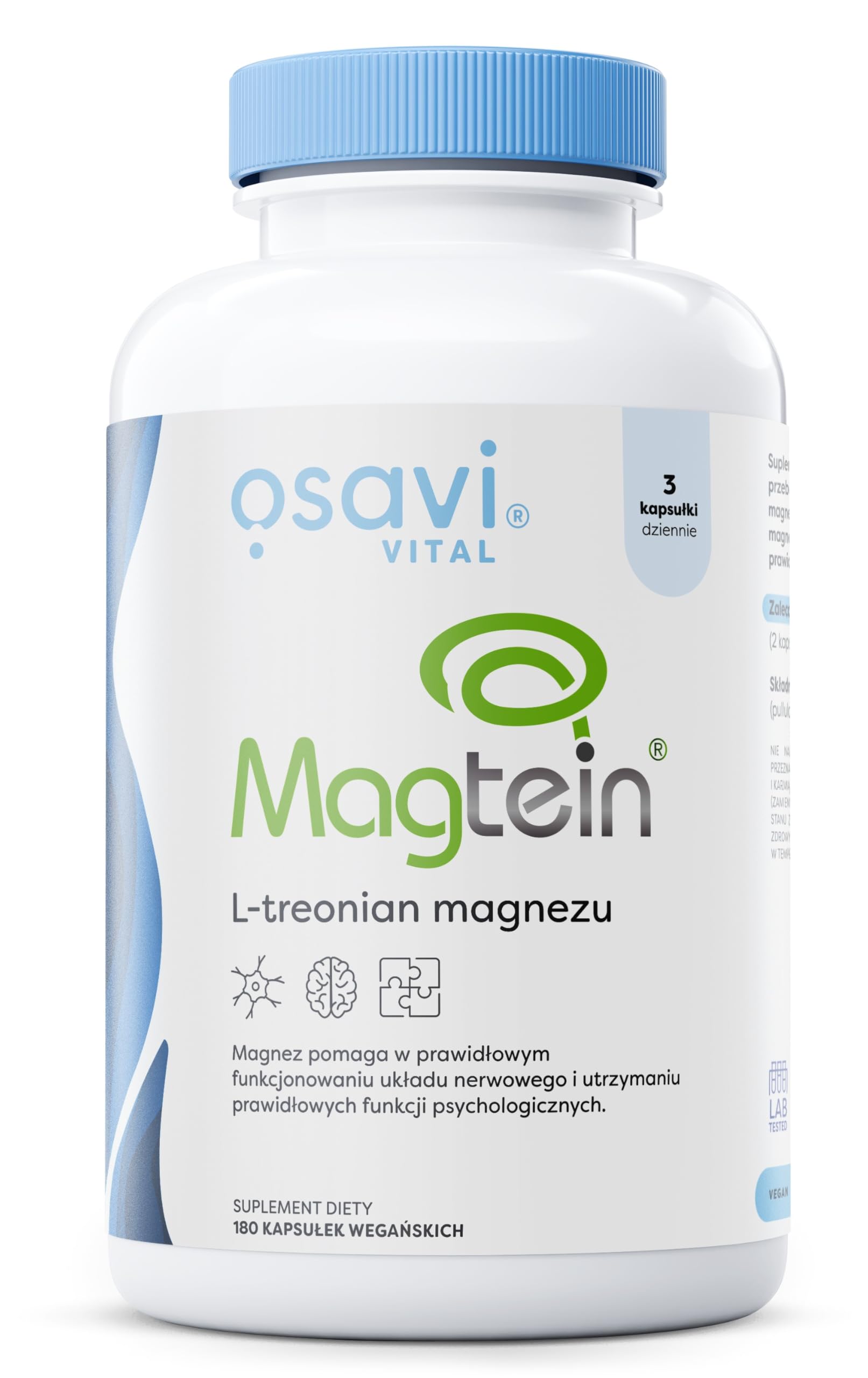 Osavi Magtein L-treonian magnezu - 180 wegańskich kapsułek | Wysoko przyswajalna, opatentowana forma magnezu | Pokonuje barierę krew-mózg | Wspomaga właściwe funkcjonowanie układu nerwowego