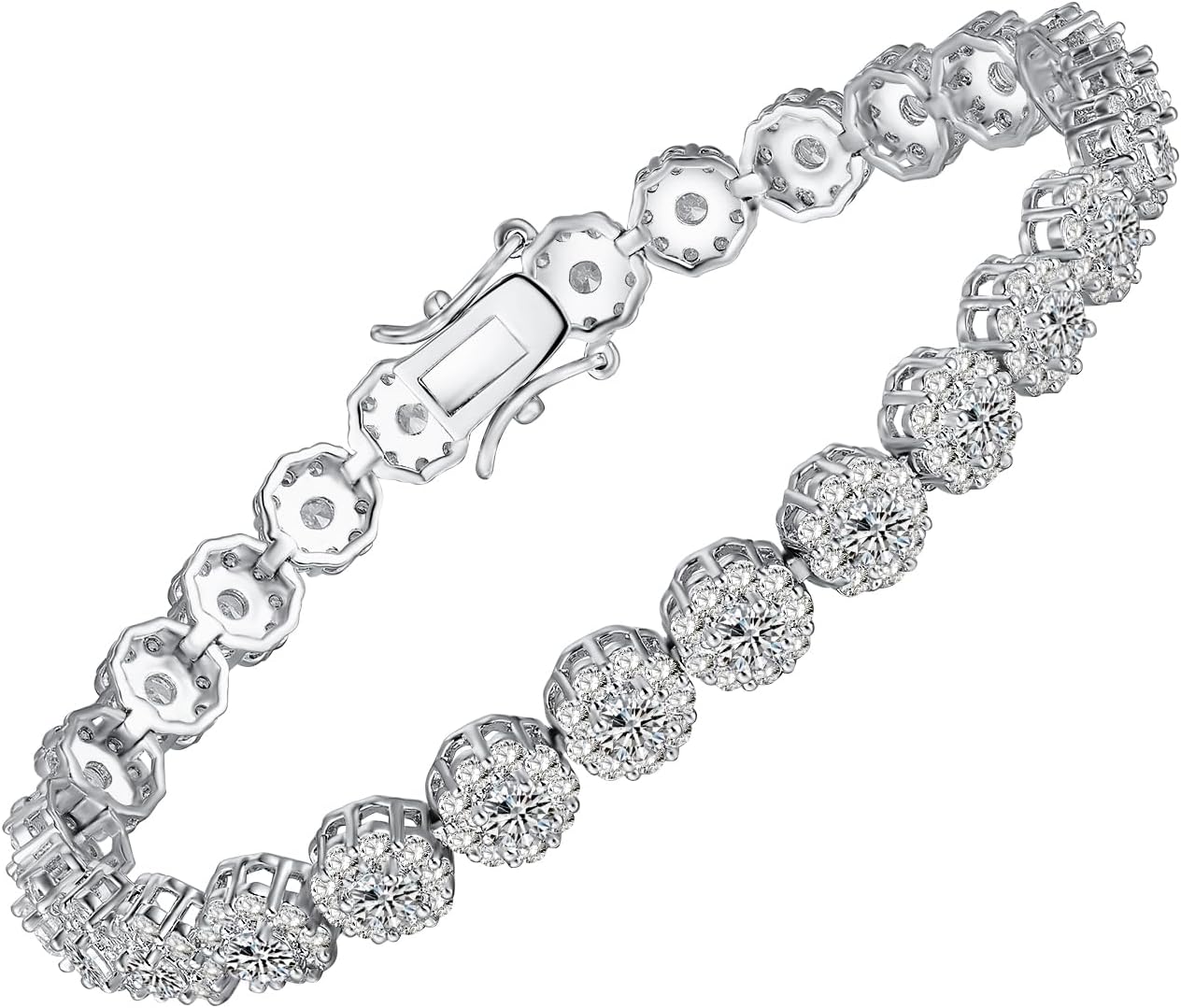 MDFUN Round Halo Tennis Bracelet for Women and Men 18K White Gold Cubic Zirconia, Size 6.5 inches