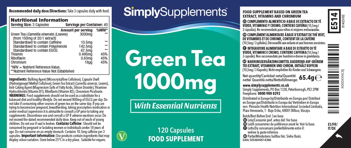 Estratto Di Tè Verde 3.000mg | Con Aggiunta Di Tiamina, Riboflavina E Cromo | Sostiene L'energia, Il Metabolismo E La Difesa Antiossidante | Adatto Ai Vegani | 120 Capsule = 40 Giorni Di Fornitura