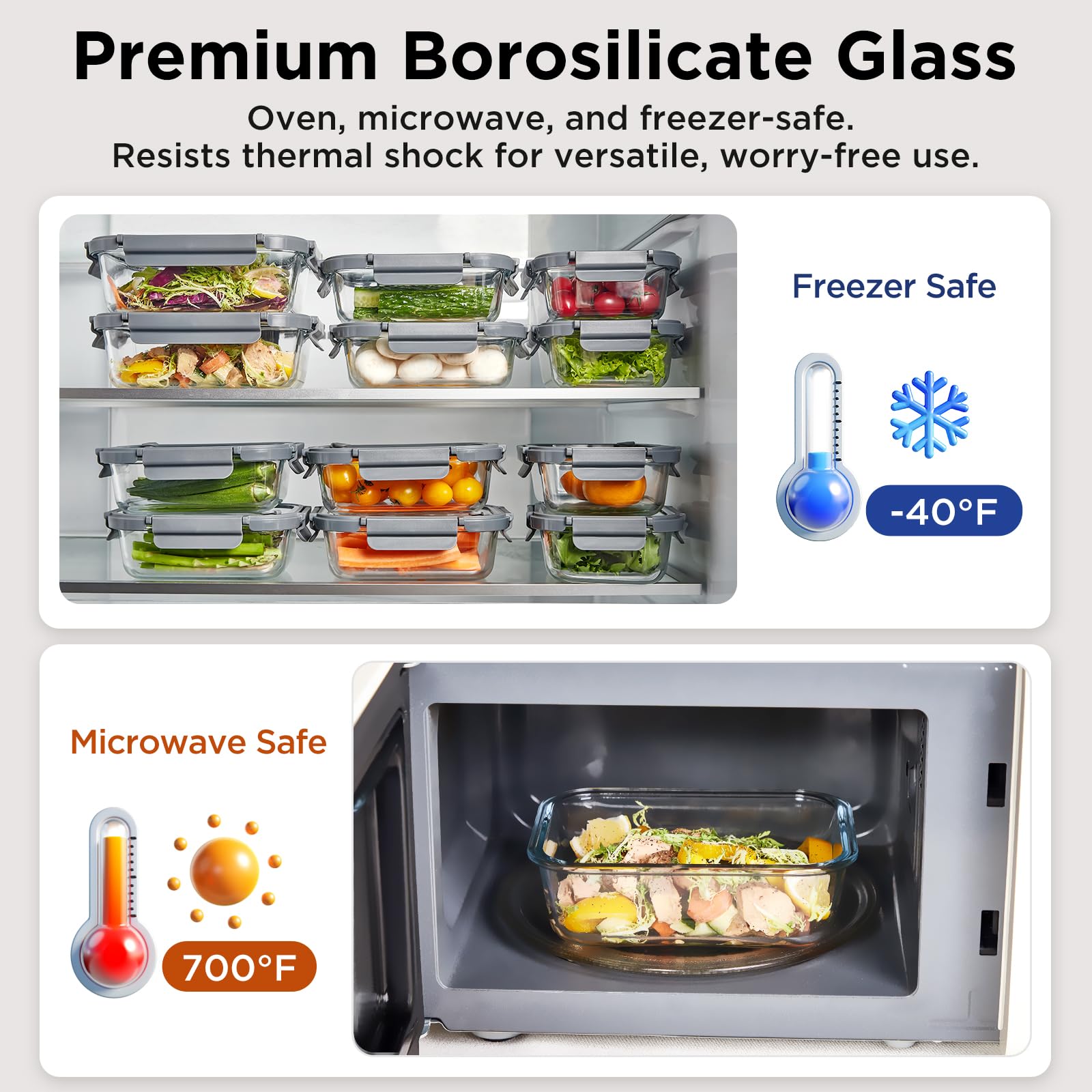 Glas-Frischhaltedosen mit Deckel, 600 ml, Glas-Mahlzeiten-Vorbereitungsbehälter mit luftdichten Deckeln, mikrowellengeeignet, BPA-frei, auslaufsicher, ideal für Mittagessen, 10 Stück