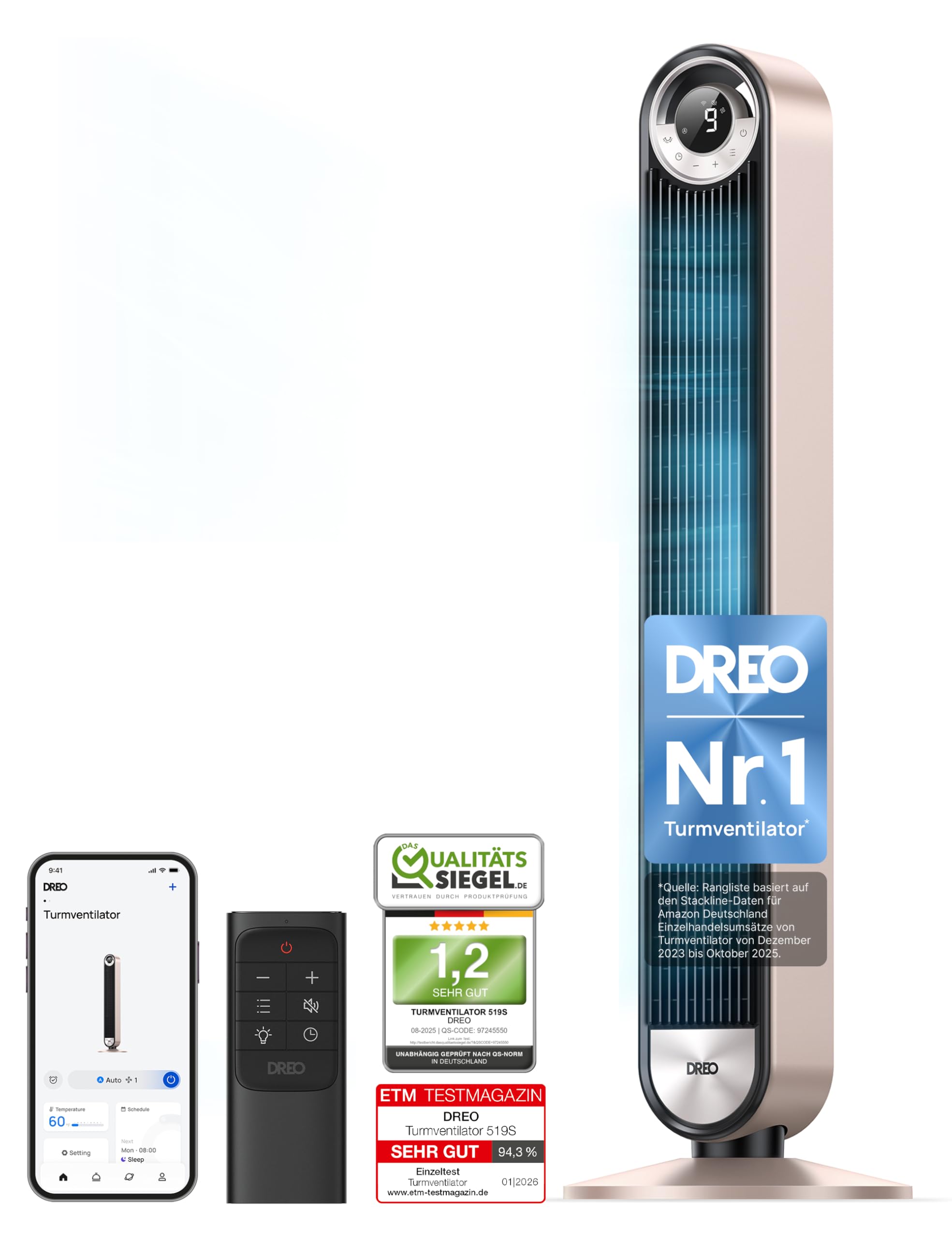 DREO 25dB Smart Leiser Turmventilator mit Kühlung, 106cm WiFi Alexa Tower Fan, 90° oszillierender Ventilator, Fernbedienung 9-Geschwindigkeit 4 Modi 12 Std Timer Sprachsteuerung, Sternenlicht