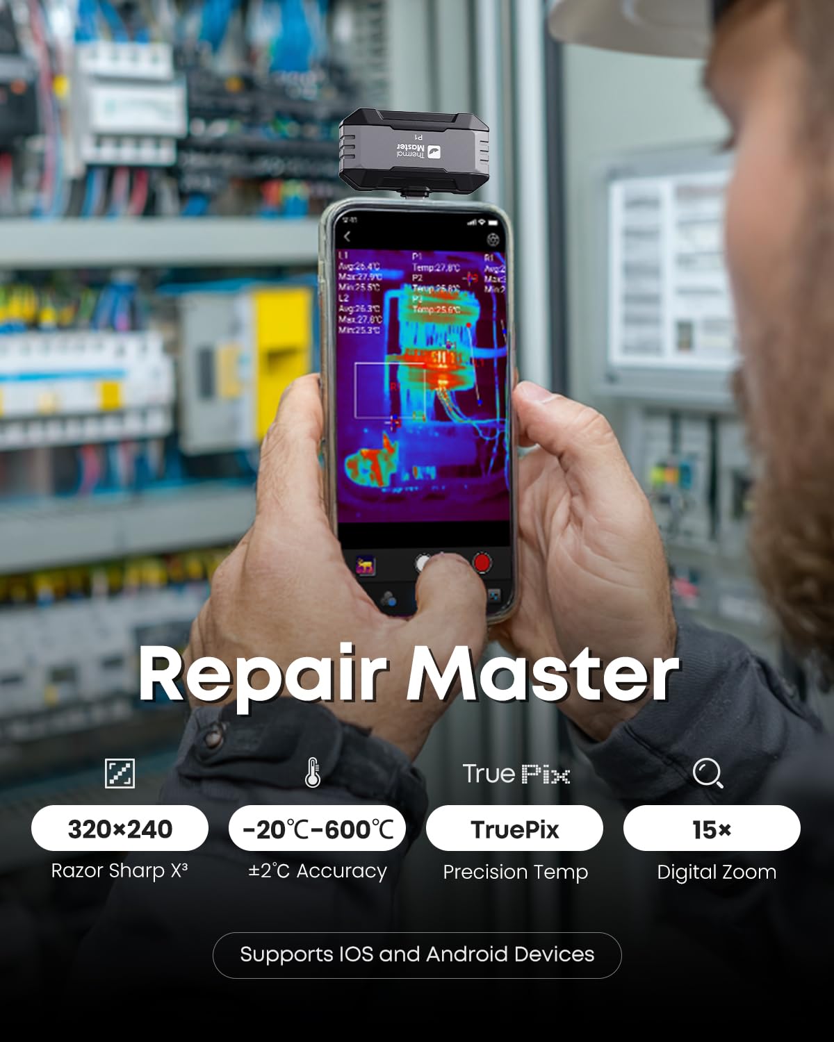 Thermal Master P1 Cámara térmica para iPhone 15/16 y cámara infrarroja Android con resolución Super IR 320 x 240, cámaras termográficas ± 2 ℃, precisión de inspección en casa, zoom 15x, Gris