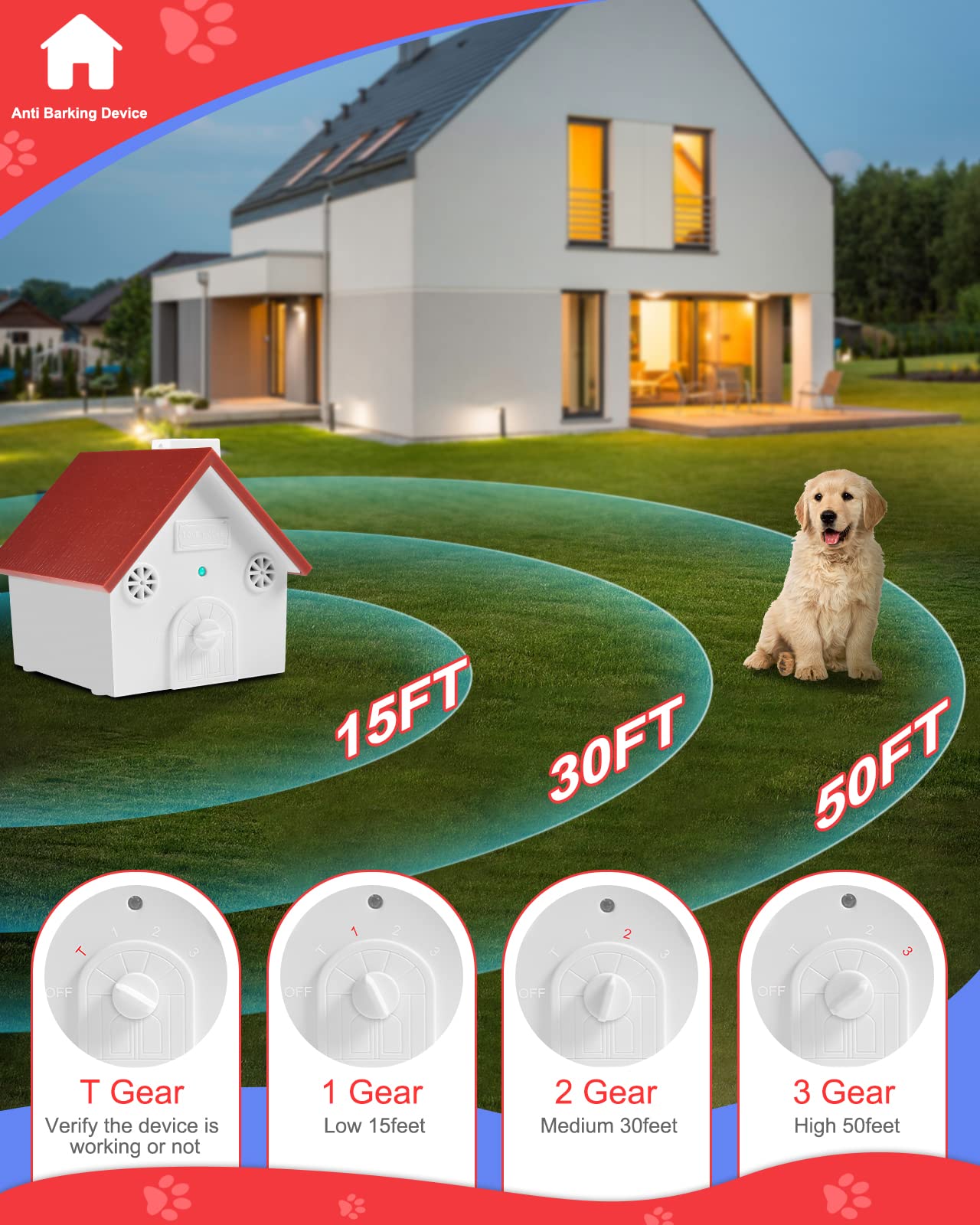 Anti Barking Device,Dog Training & Behavior Aids and Dog Bark Control Device of 50ft Range,Dog Barking Deterrent with 3 Levels,Outdoor Dog Barking Control Device with Waterproof Bark Box (Brick Red)