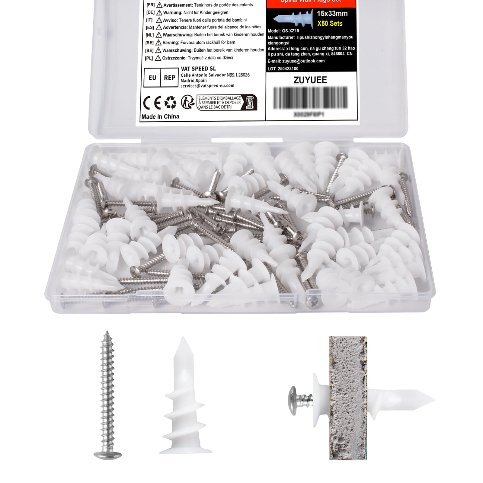 ZUYUEE 100 PCS Plasterboard Fixings, (15x33mm) Stainless Steel Screws and Wall Plugs Set Dry Wall Anchor Screws