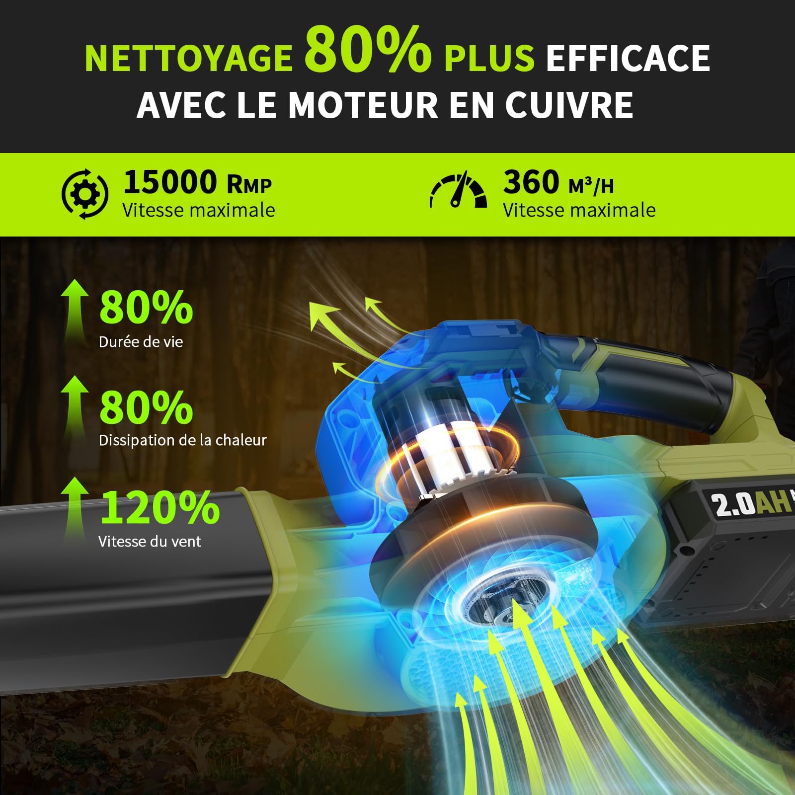 Souffleur de Feuilles，Souffleur de Feuilles sans Fil avec Batterie 2×2,0 Ah et Chargeur，3 Vitesse Max 360m³/h，Portable 1,4kg，pour Cour, Pelouse, Jardin