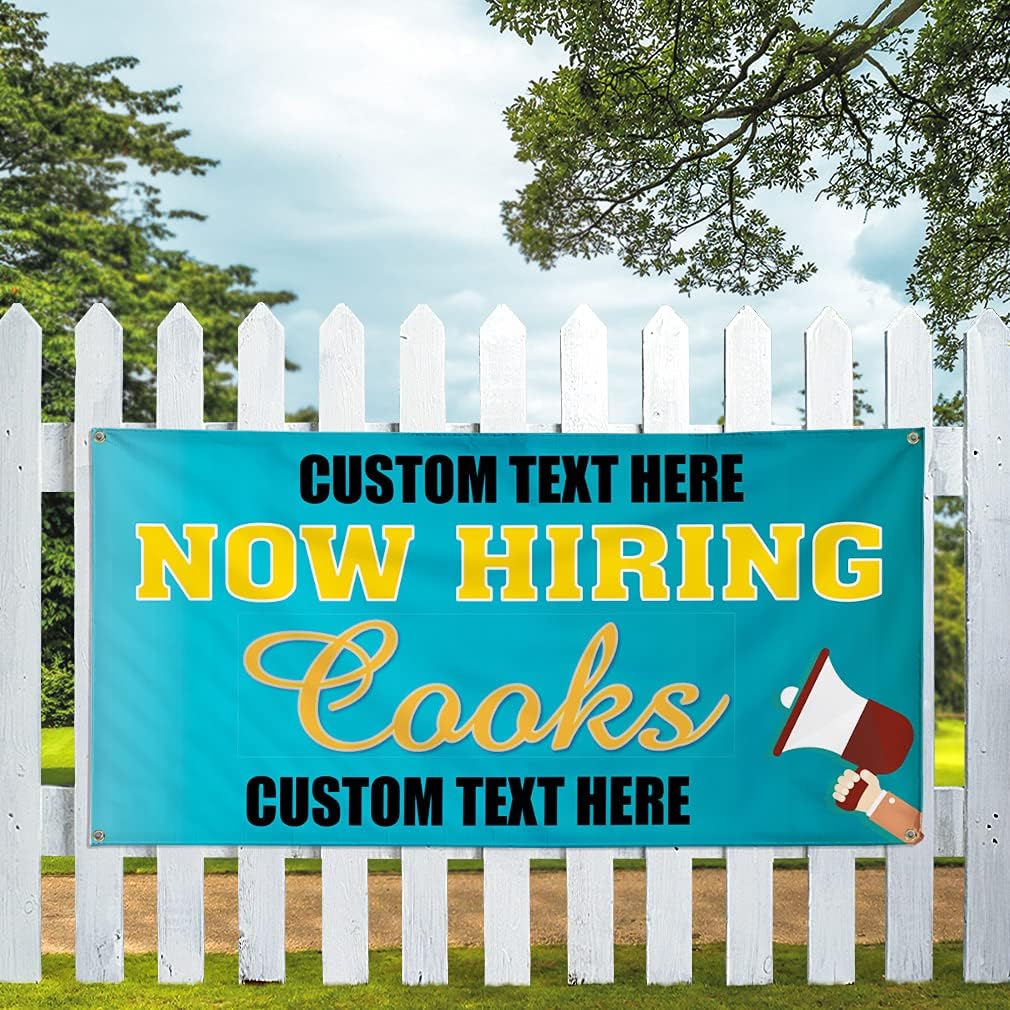 Custom Vinyl Banner Multiple Sizes Now Hiring Cooks Advertising Printing Now Hiring Outdoor Weatherproof Industrial Yard Signs 4 Grommets Personalized Text Here 16x40Inches