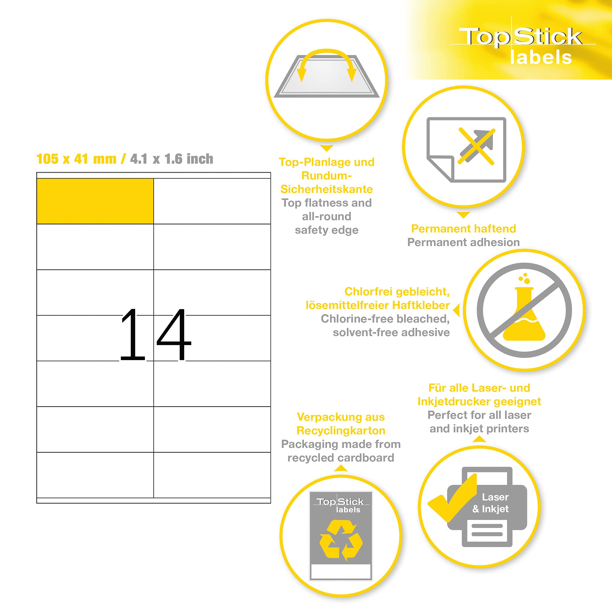TopStick 8733 uniwersalne etykiety DIN A4, zestaw 10 sztuk (105 x 41 mm, 1000 arkuszy, papier, matowe) samoprzylepne, do zadrukowania, naklejki na adres, 14 000 etykiet samoprzylepnych, białe