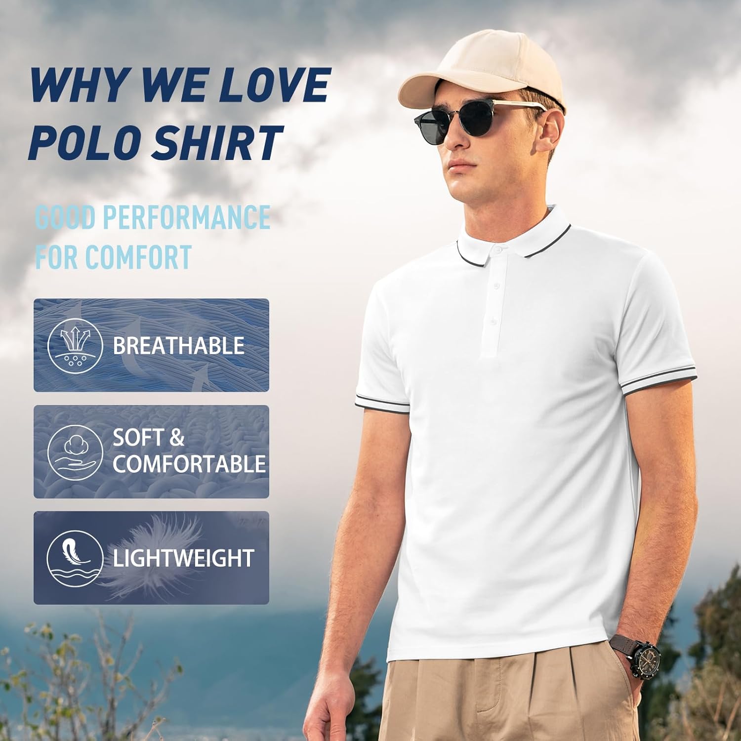 Men's Polo Shirts for Men Short Sleeve Striped Pique Cotton Polo Shirt Business Casual Layering Top White - Image 4