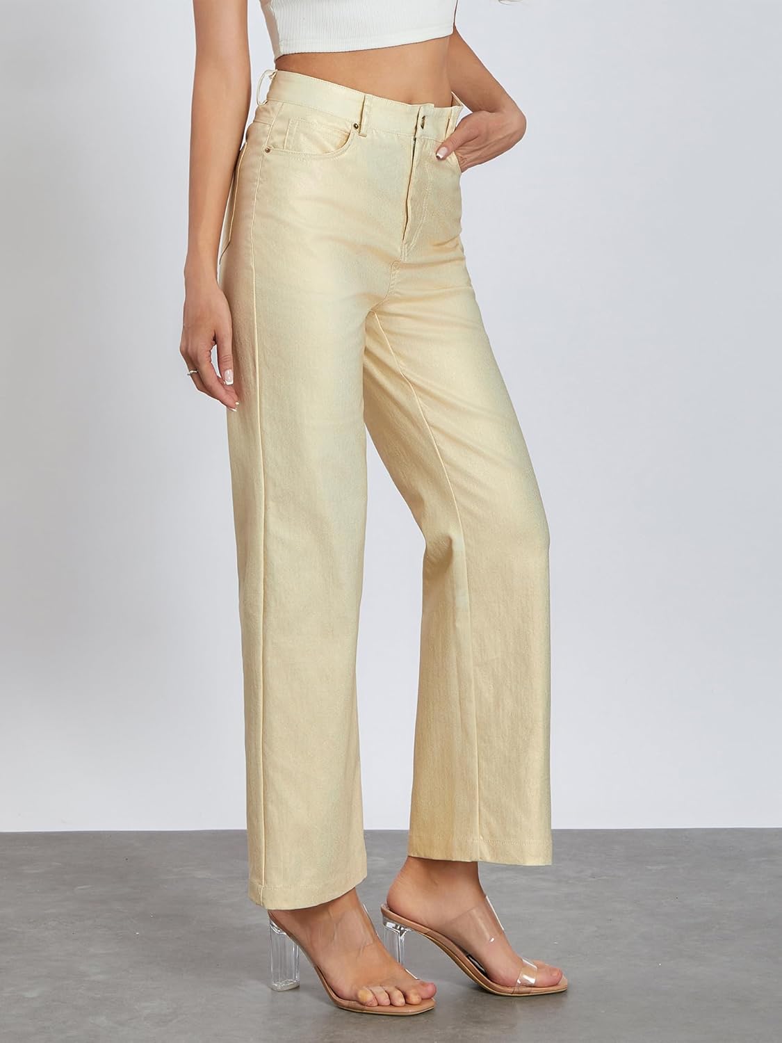 Women's Metallic Shiny Denim Pants Solid Color High Waist Disco Straight Leg Trousers for Party Dance - Image 5