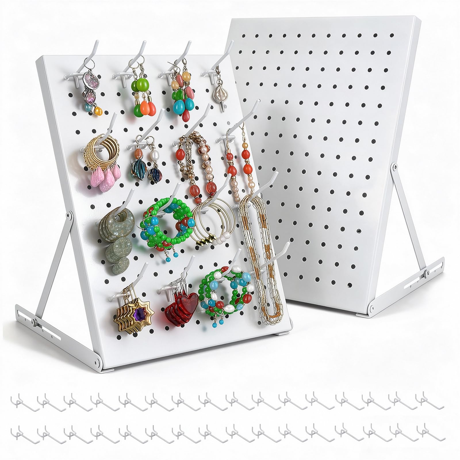 View 1 of 2 Pack Pegboard Display Stand, Metal Peg Board with 32 Hooks, Adjustable Angle & Foldable Design, Thick Steel Panel, Durable Tabletop Rack 16''x12'' for Vendor Display, Craft Show, Jewelry Display (white)