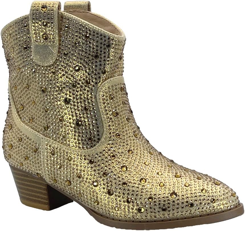 ABSOLEX Girl's Rhinestone Block Chunky Heel Ankle Bootie