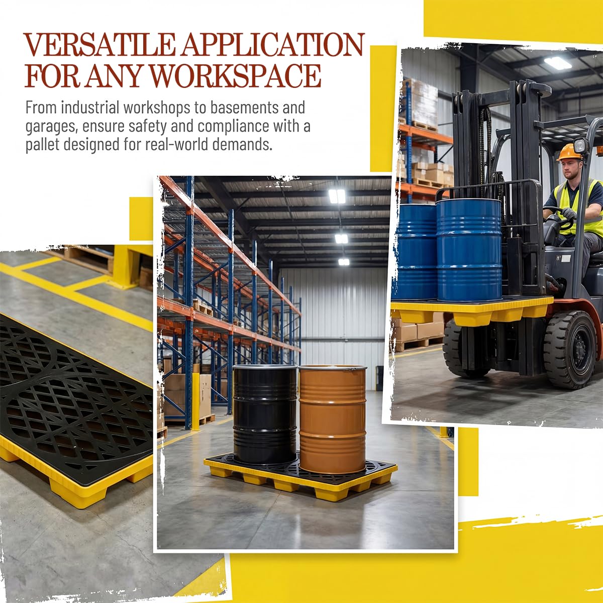 2 Drum Spill Containment Pallet,48x24x4 in Modular Platform Spill Containment Tray with Drain Outlet and Forklift Slots,2000 lbs Capacity,Stackable Leakproof Tray for Garage and Industrial Warehouses