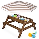 Kids 3-in-1 Sand & Water Table, Wood Outdoor Convertible Picnic Table w/Umbrella, 2 Trays, Removable Top, 220lb Capacity Per Bench -Walnut/Beige