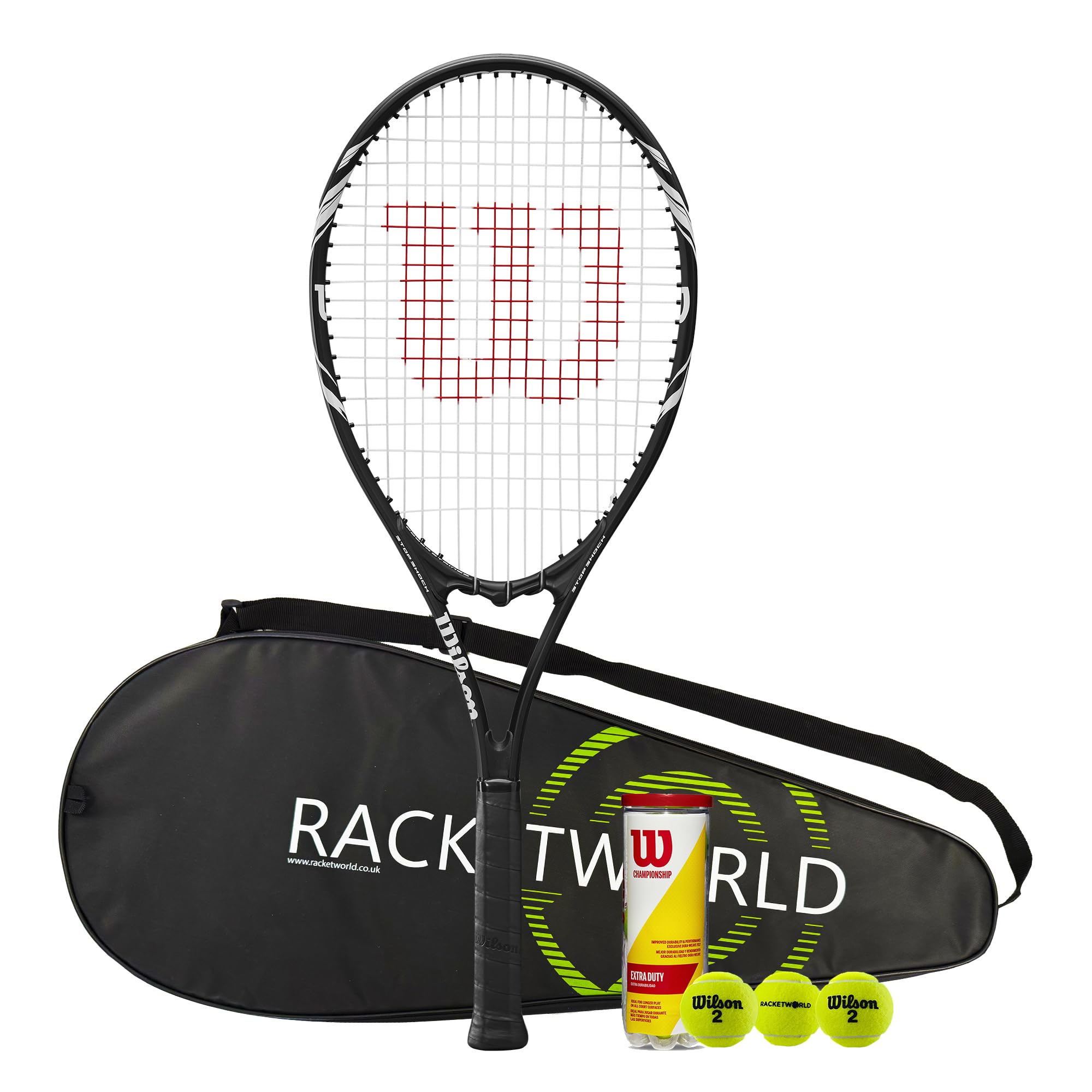 Wilson Federer Adult Tennis Racket (Various Bundle Options) Black/White Series (Racket, Cover & Balls)