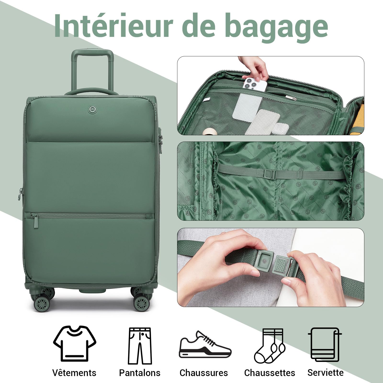 Miss Lulu Valise Moyenne 74.5 cm 76.5L Valise Souple Soute Extensible 5 cm, Valise Voyage Moyen Taille avec Poche Avant, Cadenas TSA, Roulette Valise 360° Silencieuse, Vert